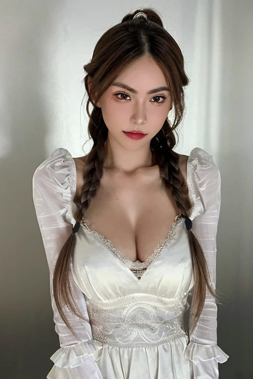 Canon 5DMk2 135mm, (highest quality) (masterpiece)), intricate details, sharp focus, professional, photorealistic, ultra-realistic, photorealism, silhouette lights, fine indications, top quality, CG Unity wallpapers highly detailed 8k, perfect artwork, full body, shiny hair, shiny eyes, glowing skin, 3 perfect realistic female figures, narrow waist, camera gaze, lace, seductive posture, supergirl, sexy pose, very delicate and beautiful girl, top quality, beautiful details, beautiful detailed eyes, soft lighting on the face, movie lighting, transparency, (White Ancient Chinese National Costume))), ((see-through material)), buttocks exposed, realistic representation of face, (intricate details, makeup, (beautiful delicate face details, beautiful detailed delicate eyes, perfectly proportioned face, highly detailed skin, detailed skin, best proportions four fingers and thumb, arms under the chest, big big breasts, smooth abdomen, thin and thin, fashion, solo, (thin makeup), highlighted face, detailed face, white skin, brown hair, ponytail, braided hair, big eyes, earrings, slim body, transparent background, professional lighting, one girl, coiled hair, big, 27 years old,