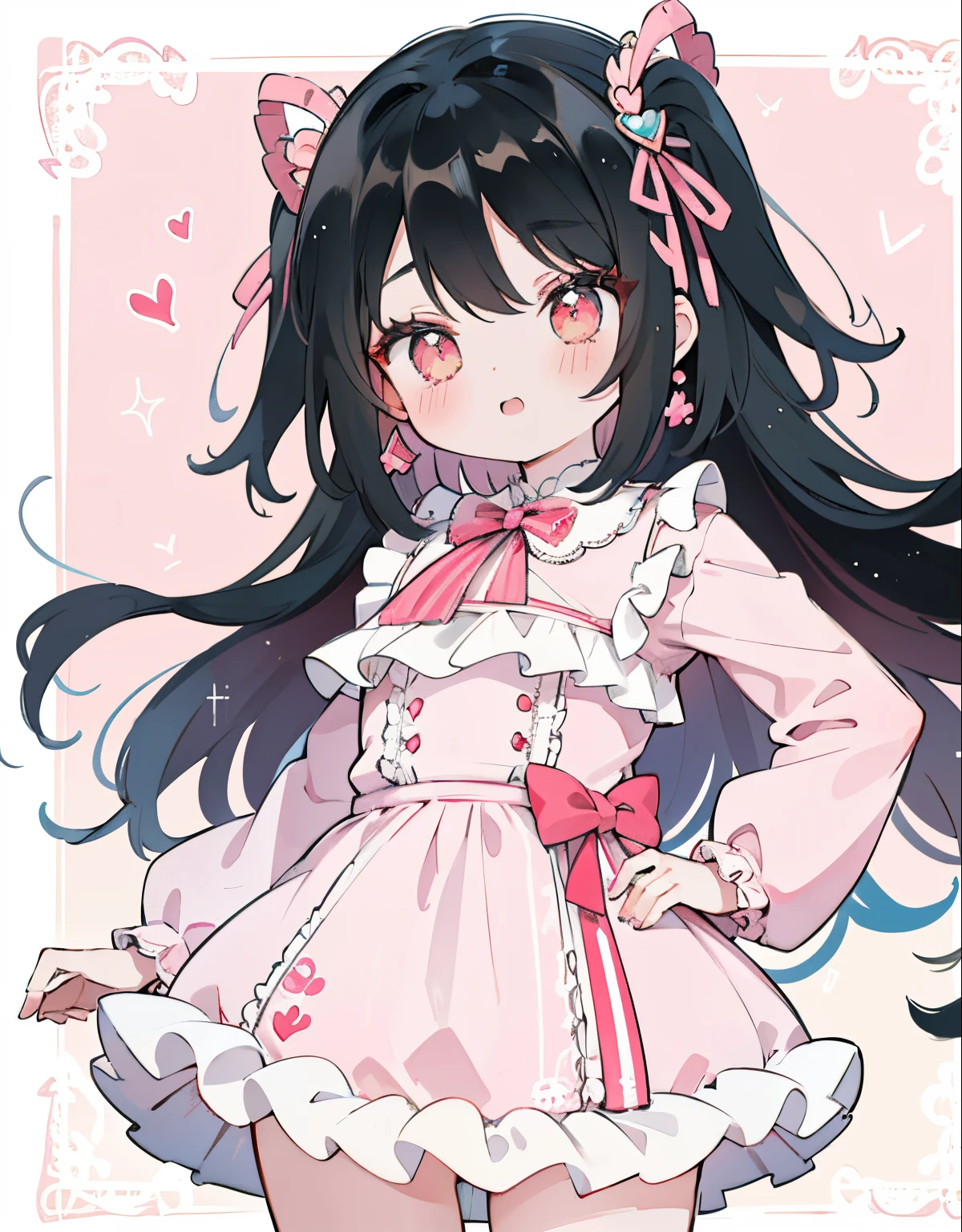 azhiichigo style，big eyes, thick lines, cute,,uekura.KoiKo,,upper body,.\(Style\):kawaii style,,..\(Composition\):\1girl,,..\(Appearance\): Consistency,naughty face,smile,wavy hair,dark hair,crimson eye,..\(Clothing\):,(Clothes with lots of frills, lace and ribbons:1.2),(pastel color style:1.1),hand on hip,cheeky face,white and pink clothes,white and pink shoes,,..\(Behavior\):,..\(Location\): (surround,heart-shaped gem, starry heart),,..\(Quality\): best quality,masterpiece,,.,