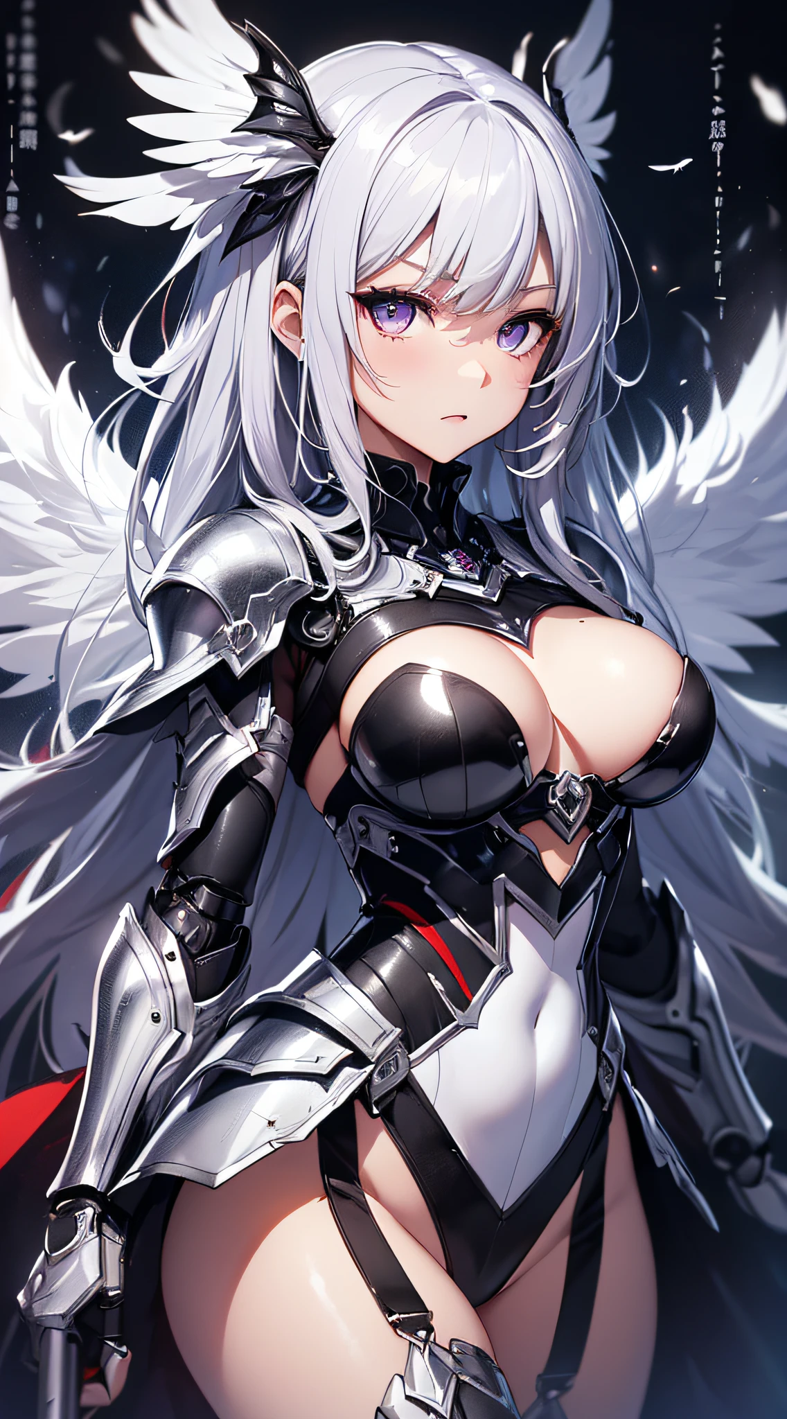 top-quality、Top image quality、masterpiece、girl with((Silver and black mechanical body armor、silver mechanical arm、silver leg arms、Shining red body line、sixteen years old、 ager、cute little、Best Bust、big bast,Beautiful shining purple eyes、Breasts wide open, white hair、black mechanical wings,Longhaire、A slender,Large valleys、belligerent movements,holds a black sword)),hiquality、Beautiful Art、Background with((Midnight City、murky、fluttering white feathers)))、,masutepiece、depth of fields,Cinematic style