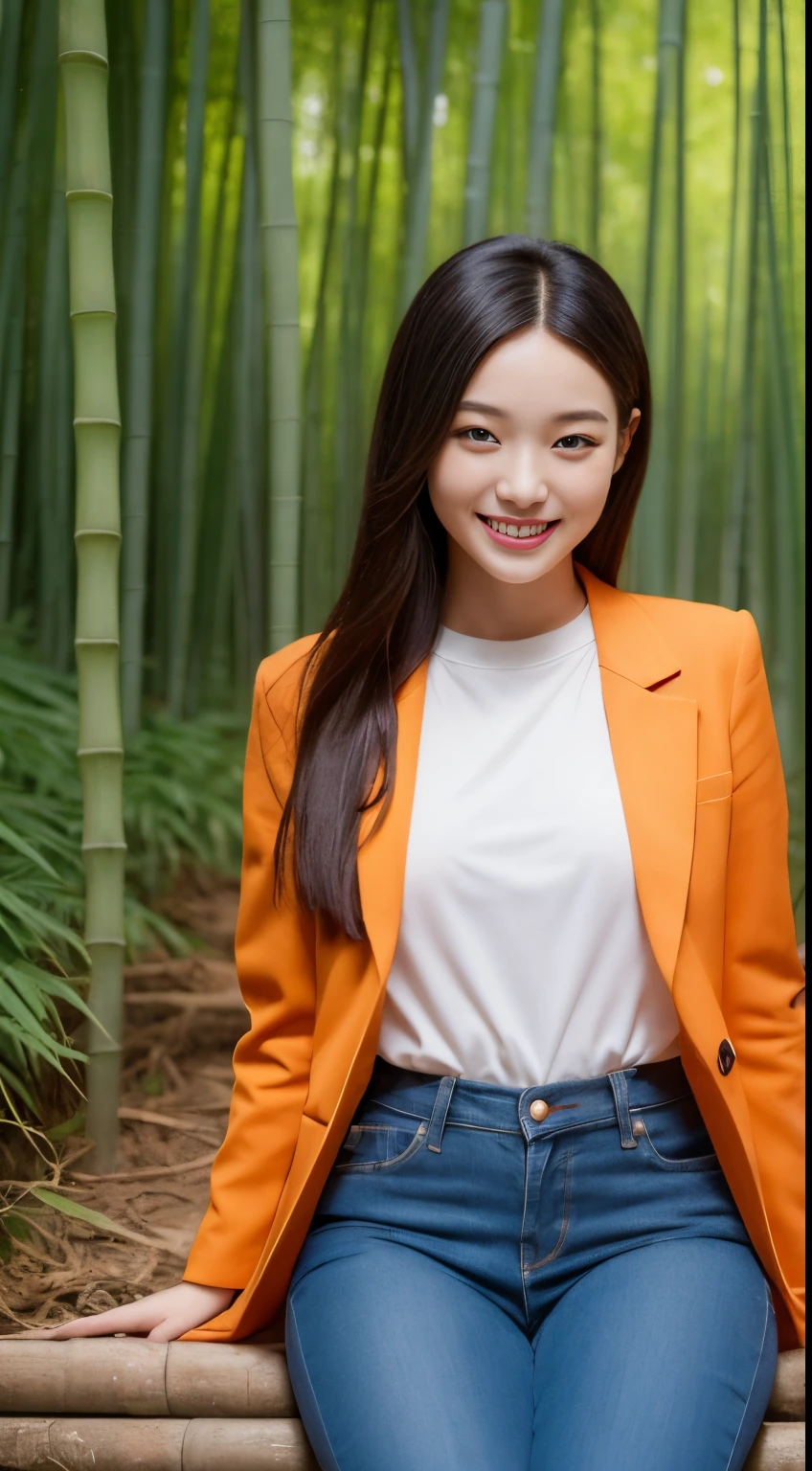 On a vibrant autumn afternoon，Figure 1 is from the highest quality 8K masterpiece.3，Shows a 19 year old girl。She is wearing an orange blazer and skinny jeans，Sitting quietly in the bamboo forest。Sunlight shines through mottled bamboo leaves，A layer of soft light and shadow enveloped her body。Her skin looks fairer in the sun，Contrast with orange blazer。 From this point of view，we can see the girl&#39;of the whole body。She is slim and healthy，This sportswear suits her figure very well，show her energetic image。Her legs spread naturally，Cross your hands at your waist，appear confident and powerful。 That girl&#39;The eyes are bright and determined，smiling and looking into the camera，It seems to be telling a story about struggle and hard work.。Her smile is like the autumn sunshine shining in the bamboo forest，Make people feel the vitality of youth and vitality of life。in this picture，We seem to feel her inner determination and love for life。 Surrounded by dense bamboo forest，Abundant greenery，The river is gurgling，Create dynamic scenes with girls。This scene is like a passionate poem，Telling about the beautiful time in autumn afternoon。