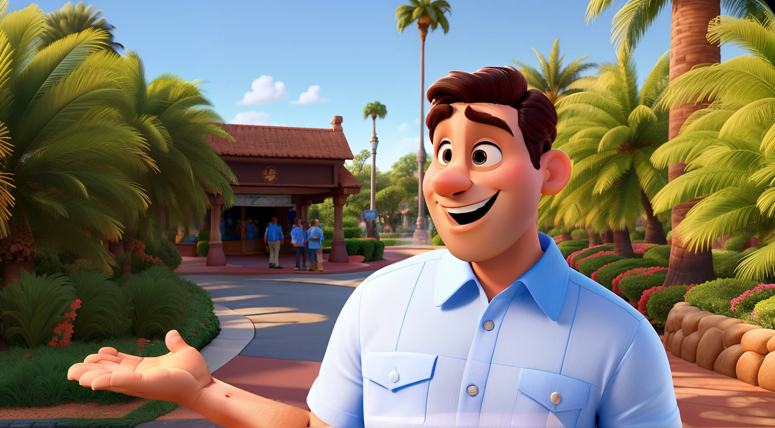 Um homem estilo Disney Pixar, de boca aberta expressando estar surpreso, contra o pano de fundo da Disney em Orlando, alta qualidade, better quality and deformity-free features