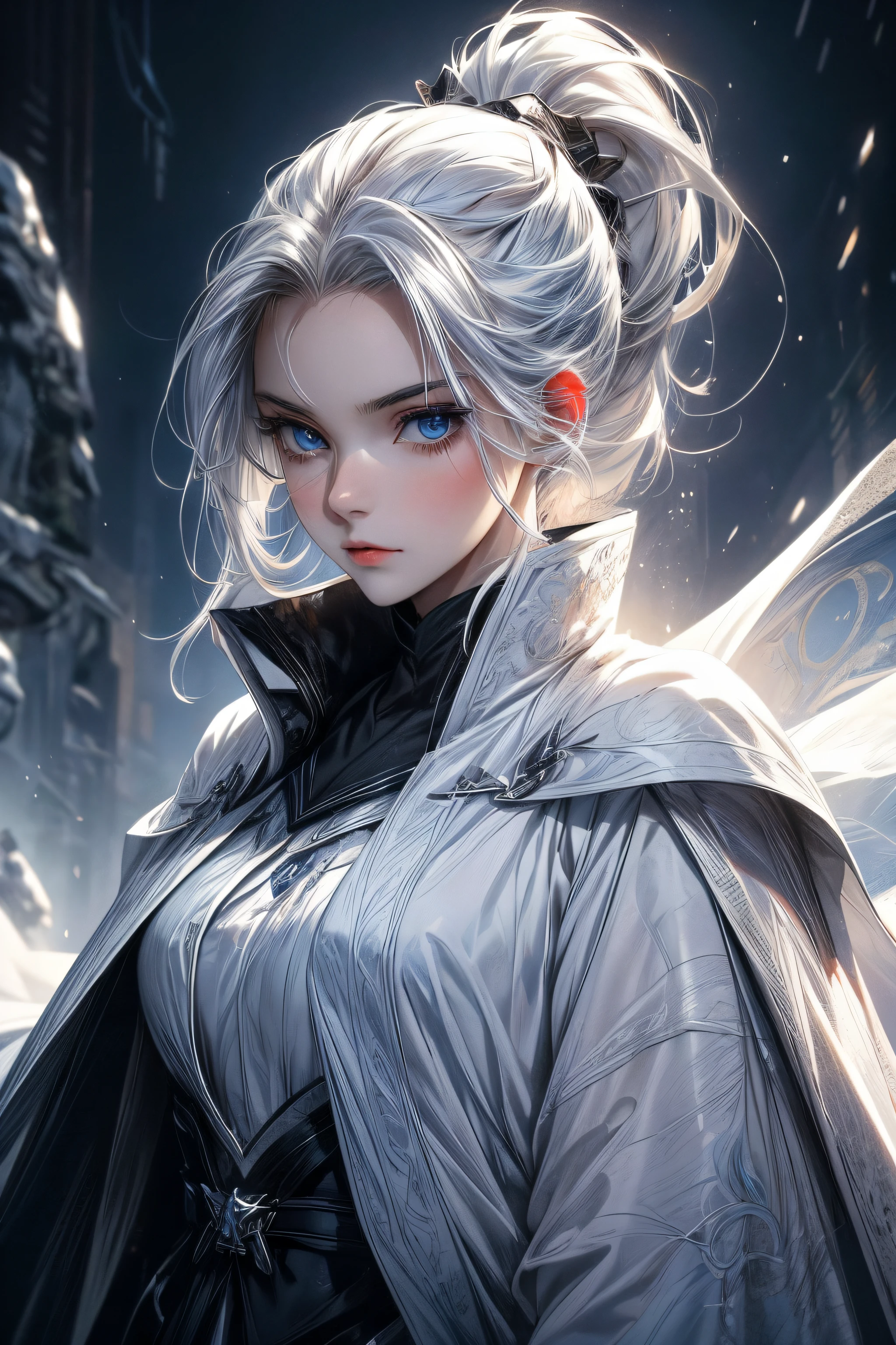 a woman, young, 19 years old, ponytail white hair, skin as white as snow, cold gaze, blue eyes like crystal, white clothes, black robe, cape, half body, background with blue lights.