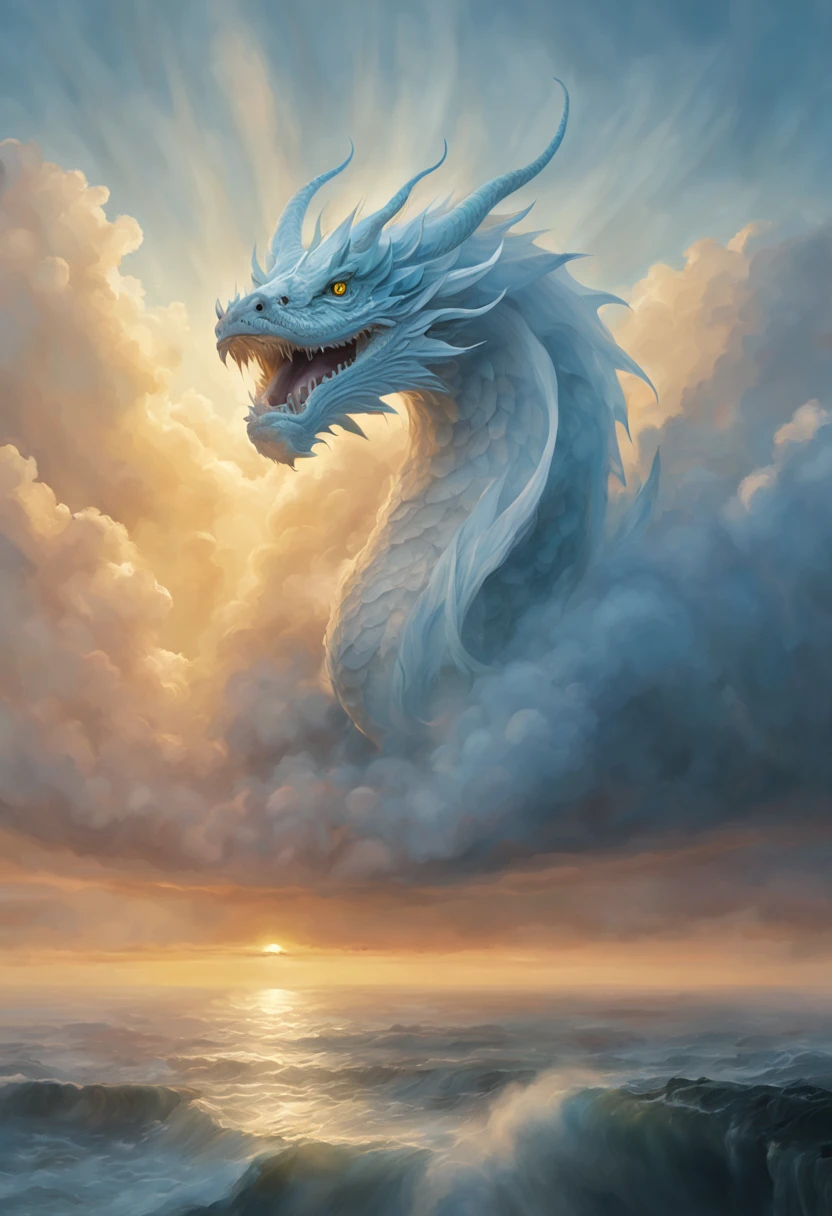 Cloud,dragon shaped cloud,illuminated by the rays of the setting sun ,The ocean in the background,foggy atmosphere,On-air lighting,Thin clouds,Smooth Lines,shades of light blue and white,calm and majestic scene,Stunning details,artistic interpretation,Pictorial style,Masterpiece:1.2