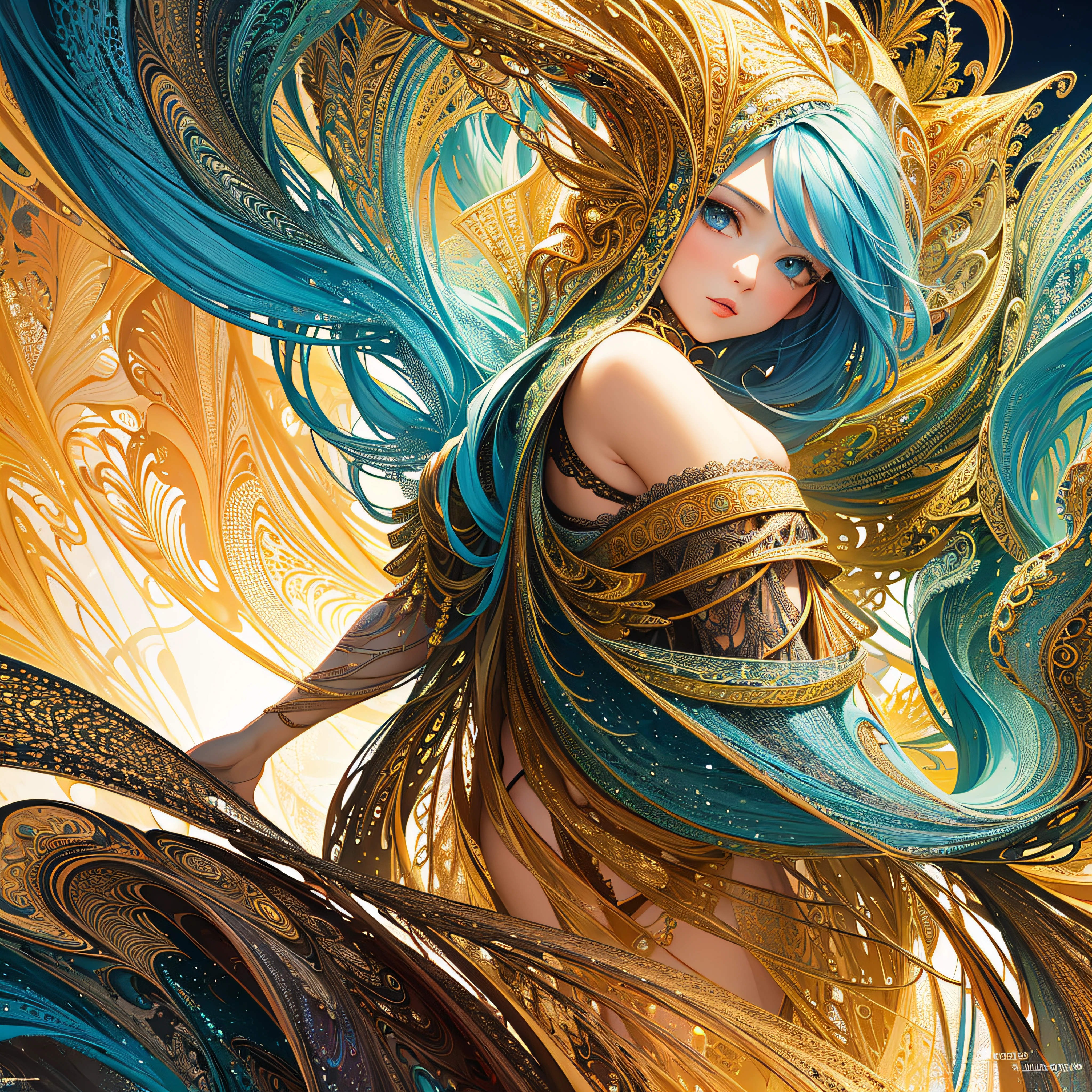 , AVRIL LAVIGNE with long blonde hair and blue eyes, detailed digital anime art, artgerm on artstation pixiv, digital anime illustration, artgerm. Anime illustration, fantasy art style, Ernst Haeckel, James Jean. generative art, baroque, intricate patterns, fractalism, film still, photorealistic, bright peacock feathers, intricate, elegant, highly detailed, digital painting, art station, smooth, sharp focus, illustration, overtaking, vaporizer, full body shot
