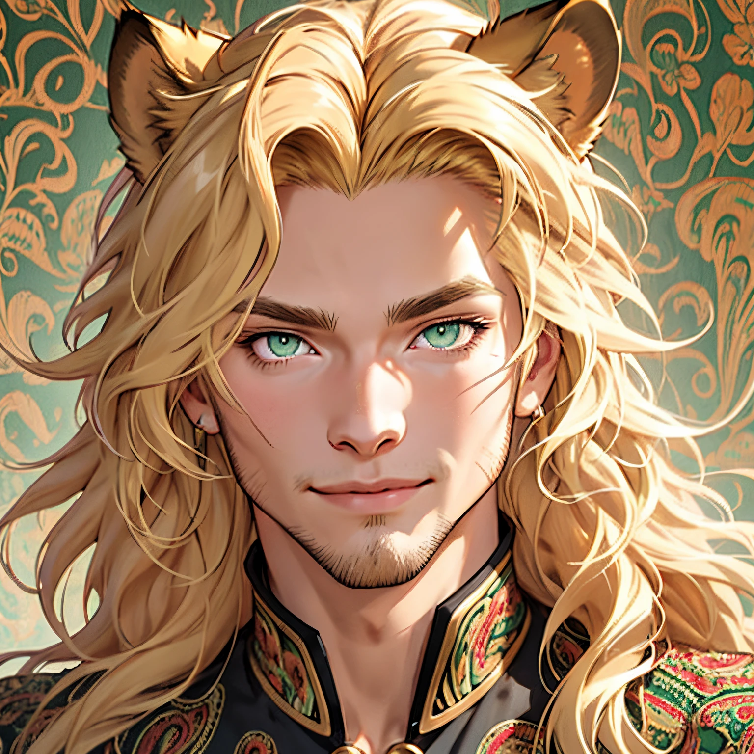 Fur coat, One male, lion ears, long hair, blond, blond hair, green eyes, tall, muscular, beautiful face, highest quality, masterpiece, 3d, anime, perfect face, highest detail, feline eyes, short facial hair, lion tail, wavy hair, bust shot, detailed face, intricate details, paisley background, smile, solo, close up