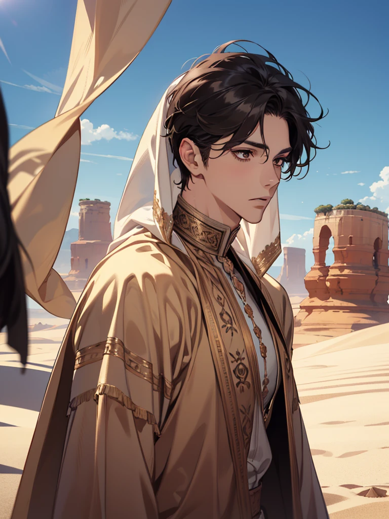 (absurd res, A high resolution, ultra - detailed), 1男性, AS-Adult, Handsome, Tall muscular man, a broad shouldered, Detailed eyes and detailed face, A desert, full bodyesbian, Middle Eastern clothing, with short black hair, Brown eyes, Focus on the scenery, a person who begins a journey