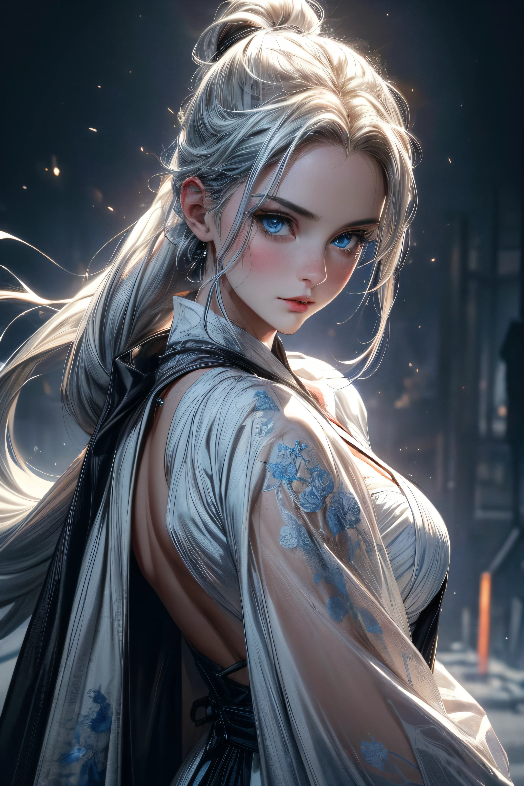 (highres,ultra-detailed,realistic:1.37), portraits, beautiful blue eyes, snowy-white skin, a young woman with a ponytail of white hair gazes coldly at the viewer. She is wearing a white dress under a black robe with a cape, creating a striking contrast. On a half body portrait, the background is illuminated with blue lights, casting an ethereal glow on the scene.