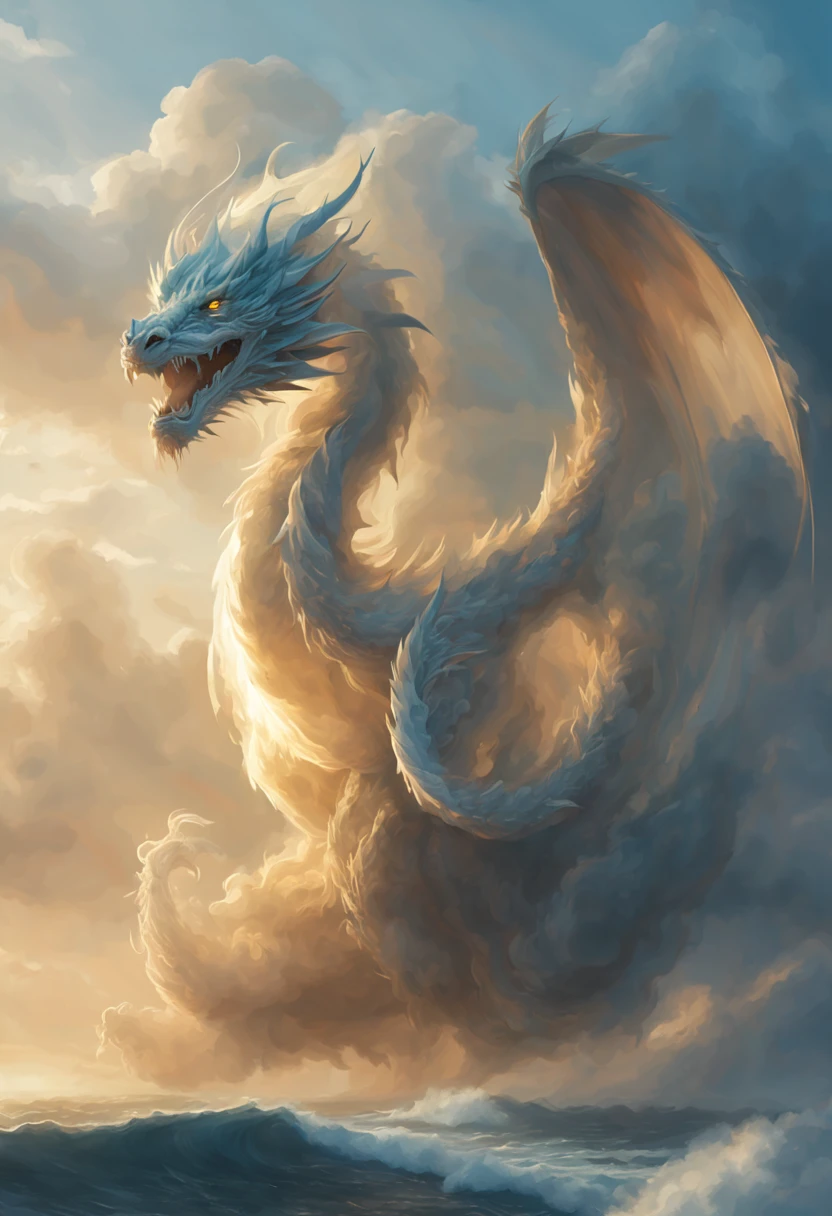 Cloud,dragon shaped cloud,illuminated by the rays of the setting sun ,The ocean in the background,foggy atmosphere,On-air lighting,Thin clouds,Smooth Lines,shades of light blue and white,calm and majestic scene,Stunning details,artistic interpretation,Pictorial style,Masterpiece:1.2