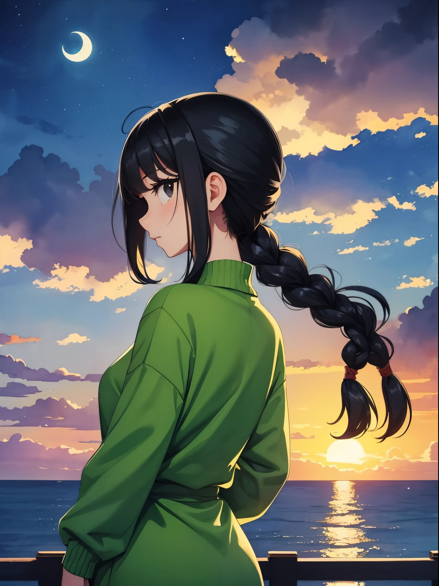 1 cute girl,green sweater,lower eyes,long hair,ponytail,braided hair,black hair,black eyes,from behind,sky,sunlight,cloud,night,moon,ocean,fantasy,sorrow,watercolor painting,Impressionism,masterpiece, extremely fine and beautiful,Japanese