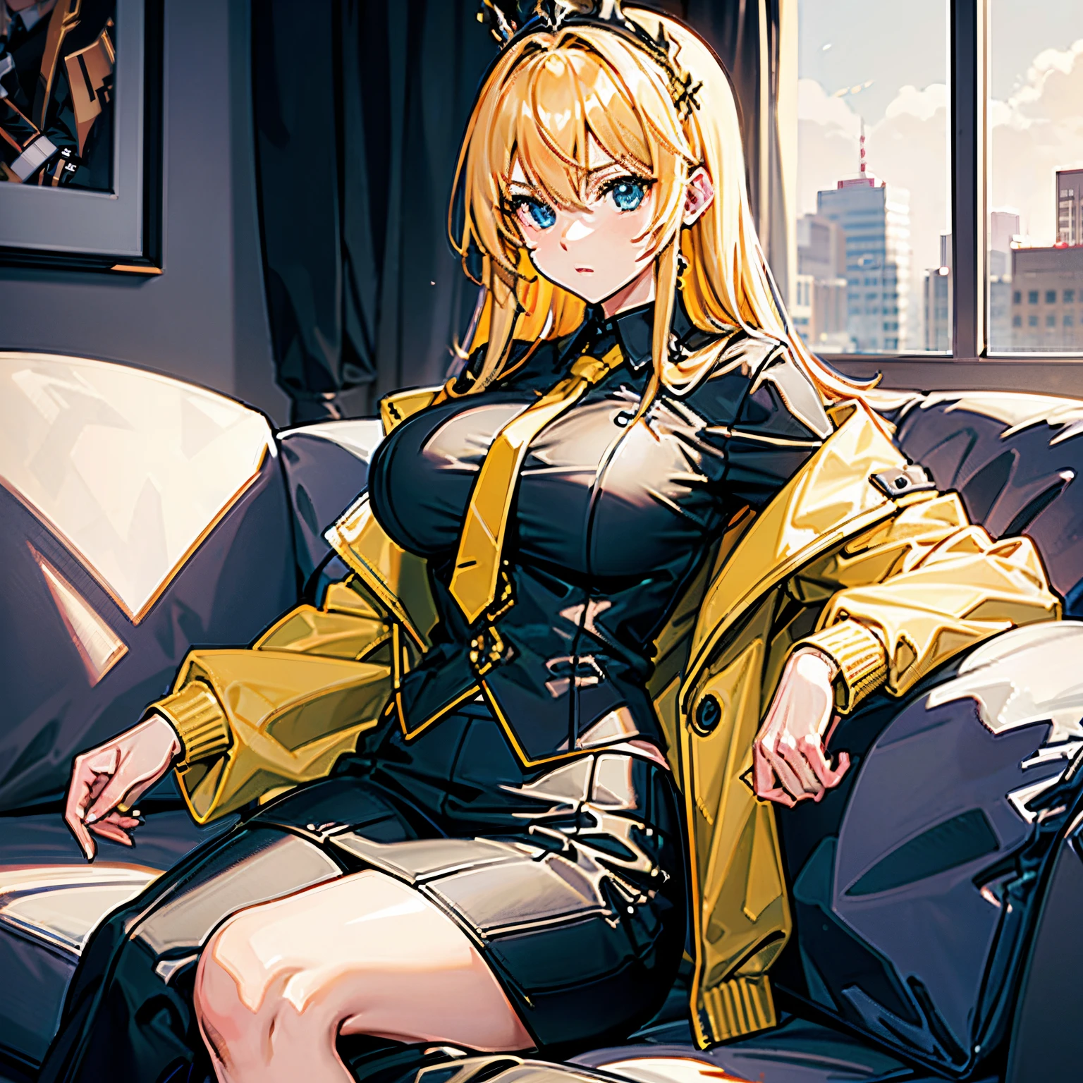 "anime girl, 1 person, bright blonde hair, yellow eyes, crown on head, women's shirt, wearing black jacket vest, tie, office uniform, big breasts, tight pants, sitting on sofa, sitting cross-legged  legs, chin rest, look, character perspective, solo, (full HD 4K+ image)"