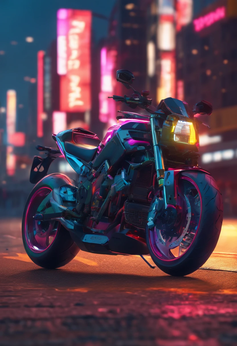 best quality,highres,masterpiece:1.2,ultra-detailed,realistic,cyberpunk,front view,large engine motorcycles,wireframe elements,neon lights,vivid colors,reflective surfaces,cityscape background,dark and moody ambiance,street racing,high-tech gear