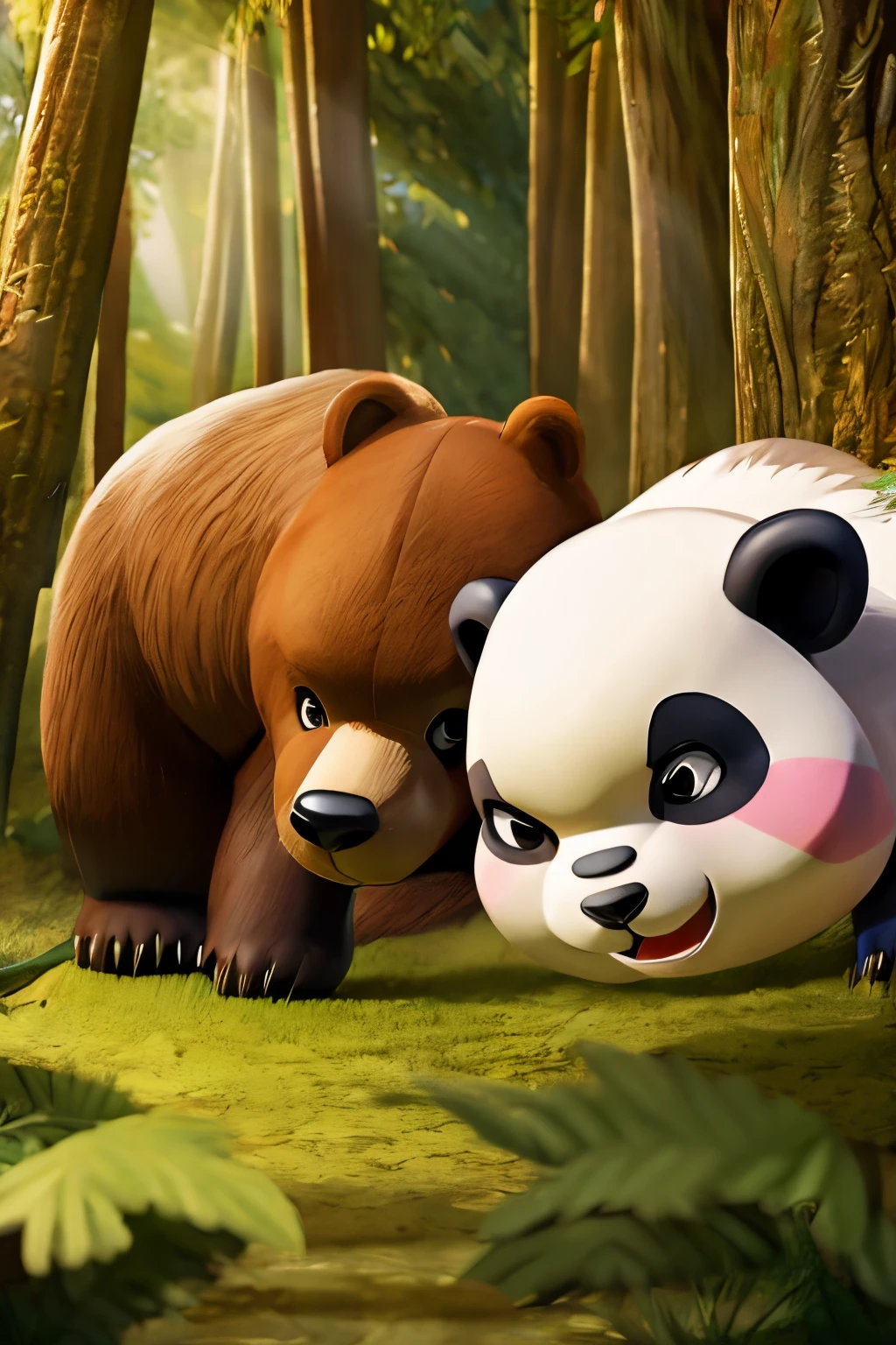 A panda and a brown bear fighting in the forest