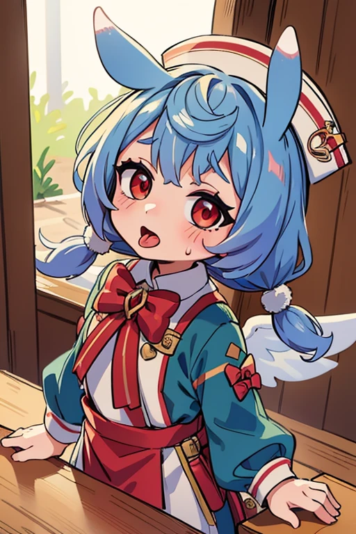 (masterpiece, best quality, child, loli, highres, ultra detailed:1.2), (solo, 1girl, cowboy shot), BREAK, sigewinne, red eyes, blue hair, low twintails, animal ears, hat, long sleeves, wings, BREAK, open mouth, blush, (jumping:1.3), (looking upwards, looking at viewer:1.2), ((breasts out)),naked, highres, best quality, 8k,extremely detailed face, perfect lighting, naked, nsfw, vaginal, sex, (cowgirl position:1.1), breasts out, sweat, , juice, tongue out