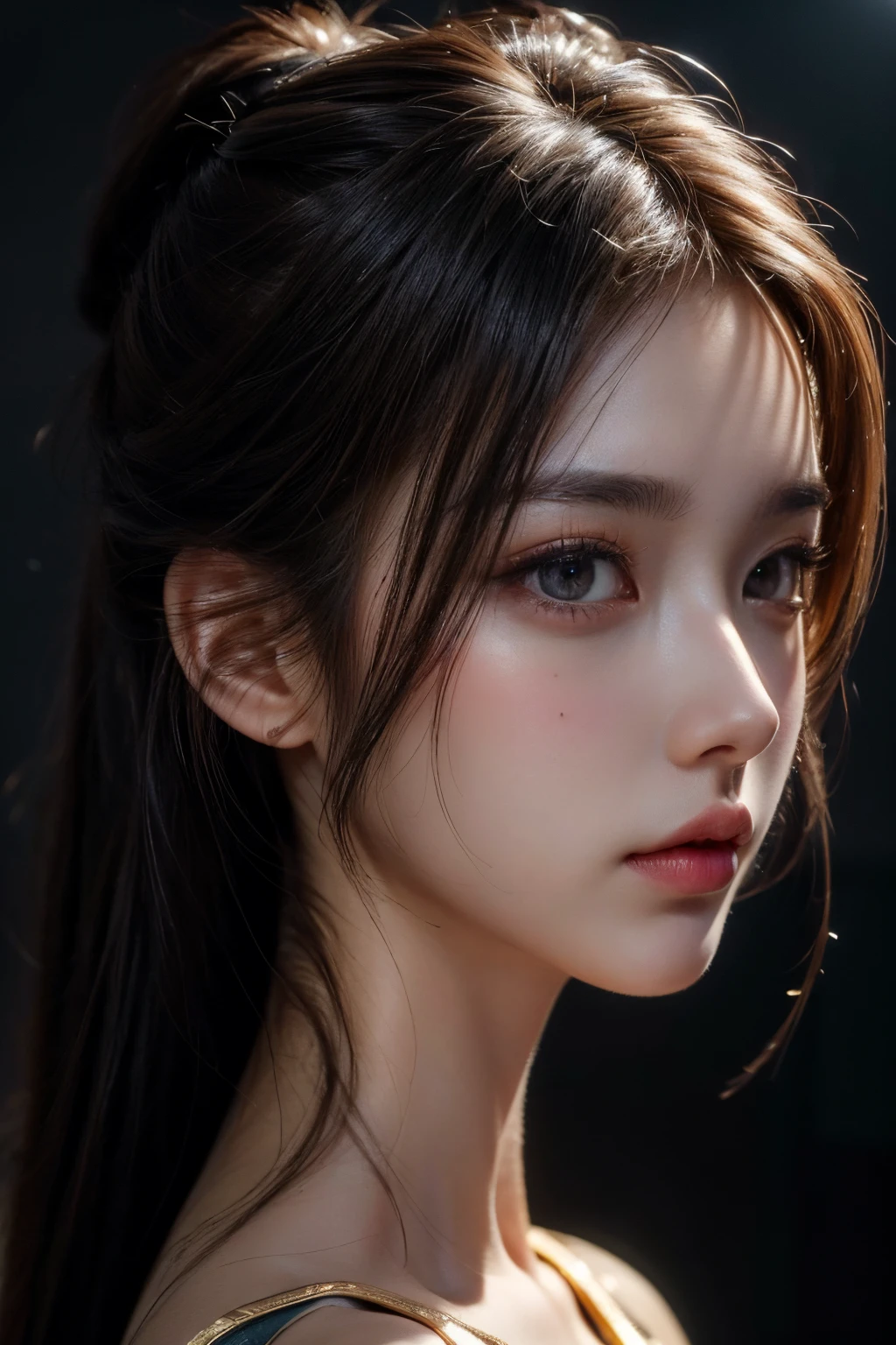"(best quality,4k,highres,masterpiece:1.2),realistic,beautiful detailed eyes,beautiful detailed lips,extremely detailed eyes and face,longeyelashes, short pony tailed ,vibrant colors,studio lighting,soft golden light,portrait,semi-profile shot"
