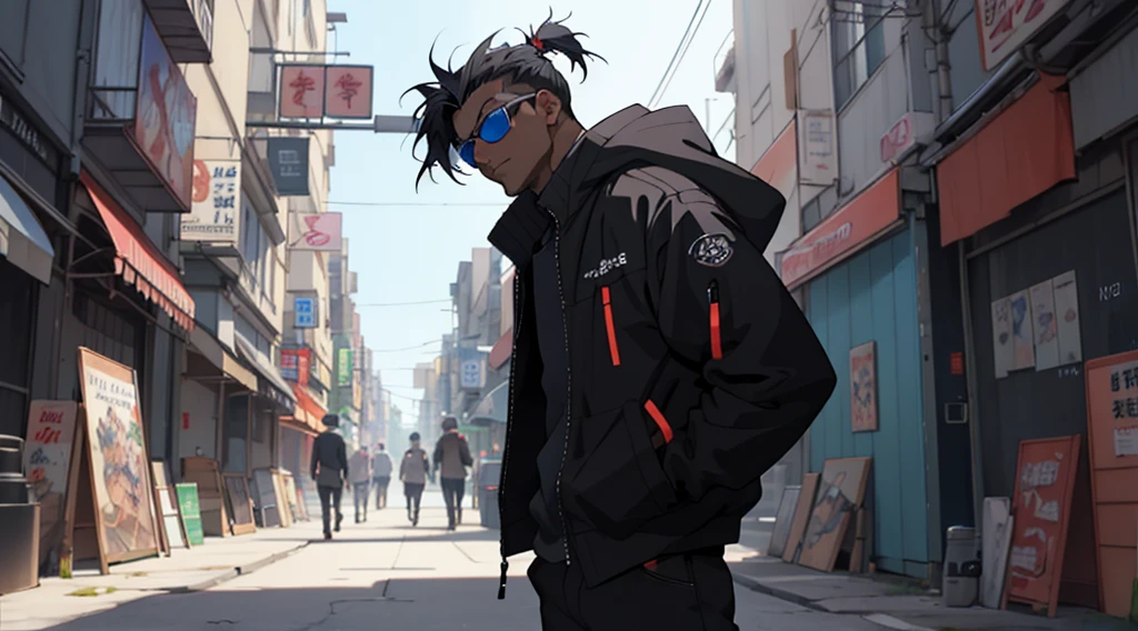 (Best quality, 8k, 32k, Masterpiece, UHD:1.2) Dark skinned guy in a black jacket and sunglasses standing in a city street, undercut hairstyle, black hair, eye scar, badass anime 8 k, 4k anime wallpaper, anime style 4 k, anime art wallpaper 8 k, anime wallpaper 4k, anime wallpaper 4 k, 4 k manga wallpaper, best anime 4k konachan wallpaper, anime art wallpaper 4 k, anime art wallpaper 4k