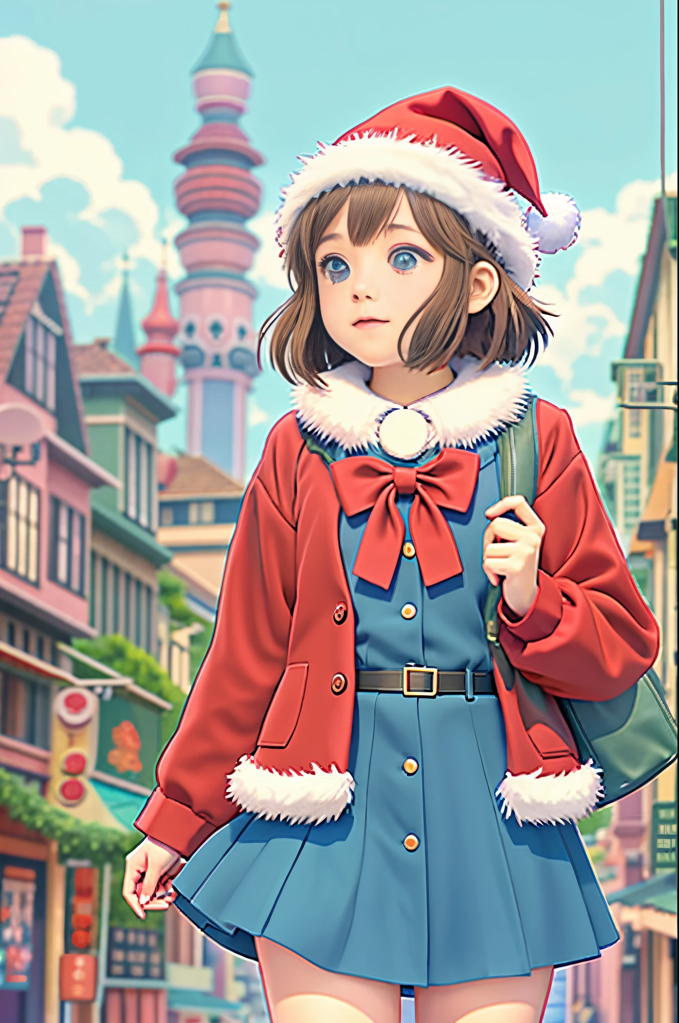 (Raw photo:1.2), (Photorealistic), Beautiful detailed girl, Very detailed eyes and face, Beautiful detailed eyes, Huge file size, High resolution, Very detailed, Best Quality, [masutepiece:1.6], Illustration, Very detailed, Fine detail, Best Quality, 8K Wallpaper, Movie Lighting,15 year old female student, Ghibli style illustration, santa claus style coat, Santa Claus Hats, School Uniforms, a girl is walking down the street, Ghibli style 4K, Cute little girl s, Ghibli cityscape,