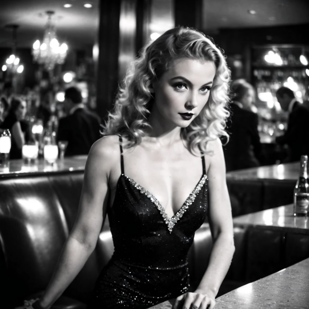 (nklnor), dark shot, front shot, cinematic, ((half body ))photo of a 25 y.o european blonde woman wearing elegant ((luxury sparkling black dress: 1.8)) with ((silver jewels: 1.6)), she is the lover of a 1940s mobster, ((sitting in a bar with drinks)), perfect eyes, looks at viewer, flirting with the viewer, natural skin, (skin pores:0.6) (skin moles), ((endless long extra long blonde curly hair: 1.32))), (photographed in film noir style), black and white filter, ((monochrome tones)), heavy shadows, contrast lighting, ((soft light beam on her eyes: 1.32)), best smile, angelic flawless face,point of view variations, dynamic composition, cinematic shot, cinematic lighting,heavy shadows, soft backlight on hair, Nuclear Film Noir 40s movies film still, film grains,foggy atmosphere, bokeh