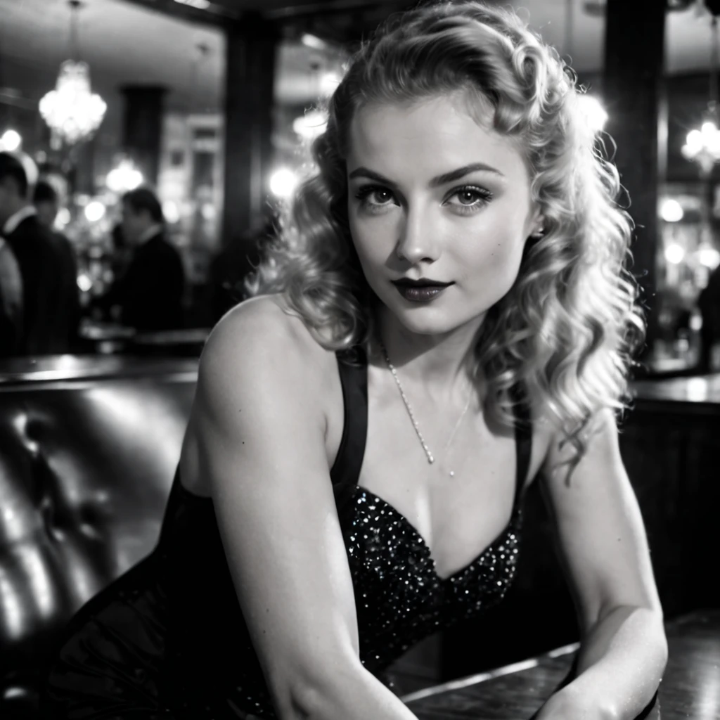 (nklnor), dark shot, front shot, cinematic, ((half body ))photo of a 25 y.o european blonde woman wearing elegant ((luxury sparkling black dress: 1.8)) with ((silver jewels: 1.6)), she is the lover of a 1940s mobster, ((sitting in a bar with drinks)), perfect eyes, looks at viewer, flirting with the viewer, natural skin, (skin pores:0.6) (skin moles), ((endless long extra long blonde curly hair: 1.32))), (photographed in film noir style), black and white filter, ((monochrome tones)), heavy shadows, contrast lighting, ((soft light beam on her eyes: 1.32)), best smile, angelic flawless face,point of view variations, dynamic composition, cinematic shot, cinematic lighting,heavy shadows, soft backlight on hair, Nuclear Film Noir 40s movies film still, film grains,foggy atmosphere, bokeh