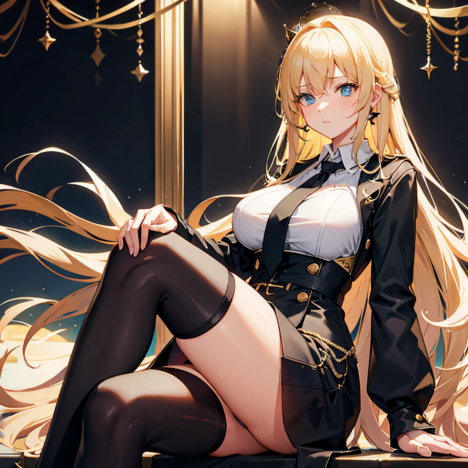 "anime girl, 1 person, bright blonde hair, golden eyes, crown on head, women's shirt, wearing black vest, tie, office uniform, big breasts, black dress, women's tights, stocking s, sitting on top sofa, sitting cross-legged, chin resting, looking, character perspective, solo, (full HD 4K+ image)"