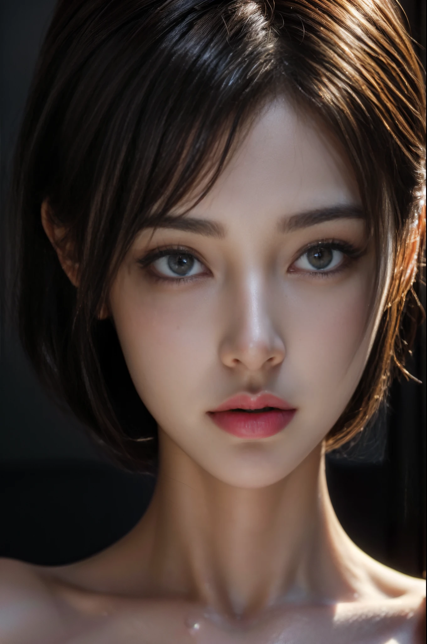 "(best quality,4k,highres,masterpiece:1.2),realistic,beautiful detailed eyes,beautiful detailed lips,extremely detailed eyes and face,longeyelashes,short hair, vibrant colors,studio lighting,soft golden light,portrait,semi-profile shot"