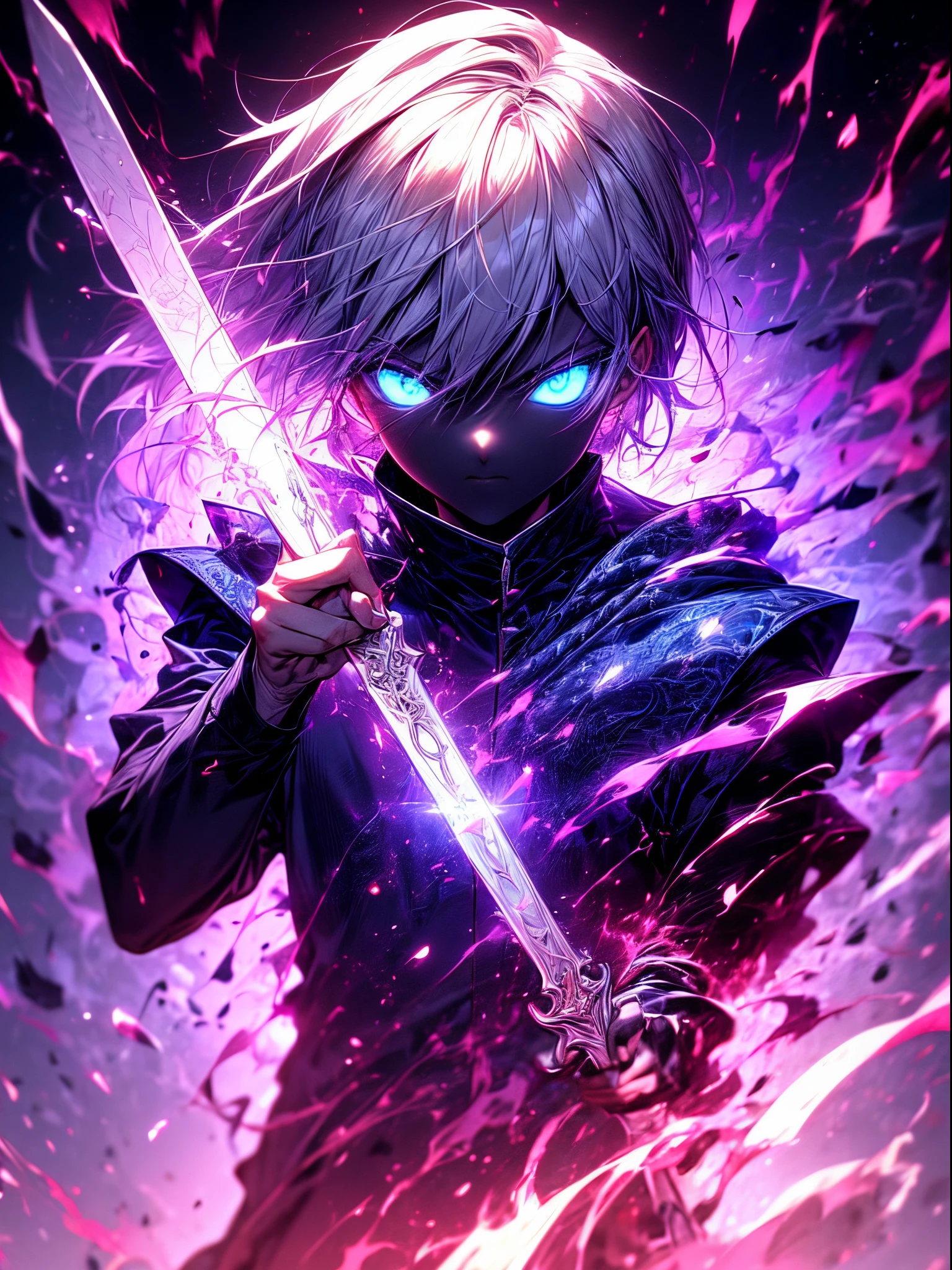 1 boy, handsome, blue and white hair, beautiful face, blue eyes, cosmic sword in hand, blue, purple, dragon cosmic Armor, cosmic energy released from sword, black void background, 4k art, wallpaper, ultra-high detailed, high detailed face and body, face towards camera