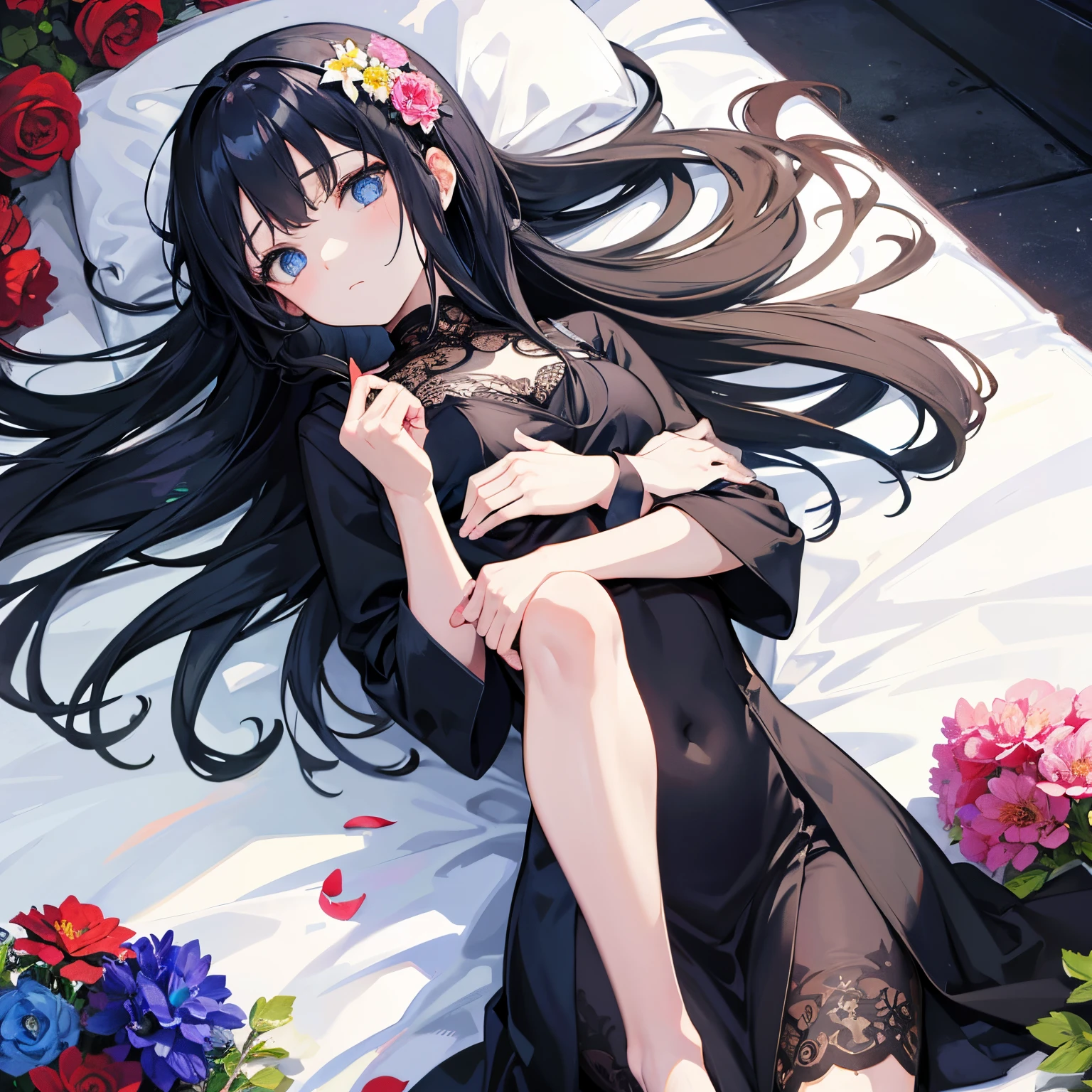 ((highest quality)),(ultra high resolution),(Super detailed),(detailed description),((best CG)),(best work of art),super precision art,great drawing art,(Art with precise details:1.5), Portrait:1.6,bust shot:1.4,(1 woman:1.5),beautiful and well-shaped face:1.5,(Dress with flowers on the chest:1.5)、best quality, Japanese、girl,Slender、small face、tall、 highres,black hair、long hair、Hotel、black lace bra、black panties、、lying in bed、clear