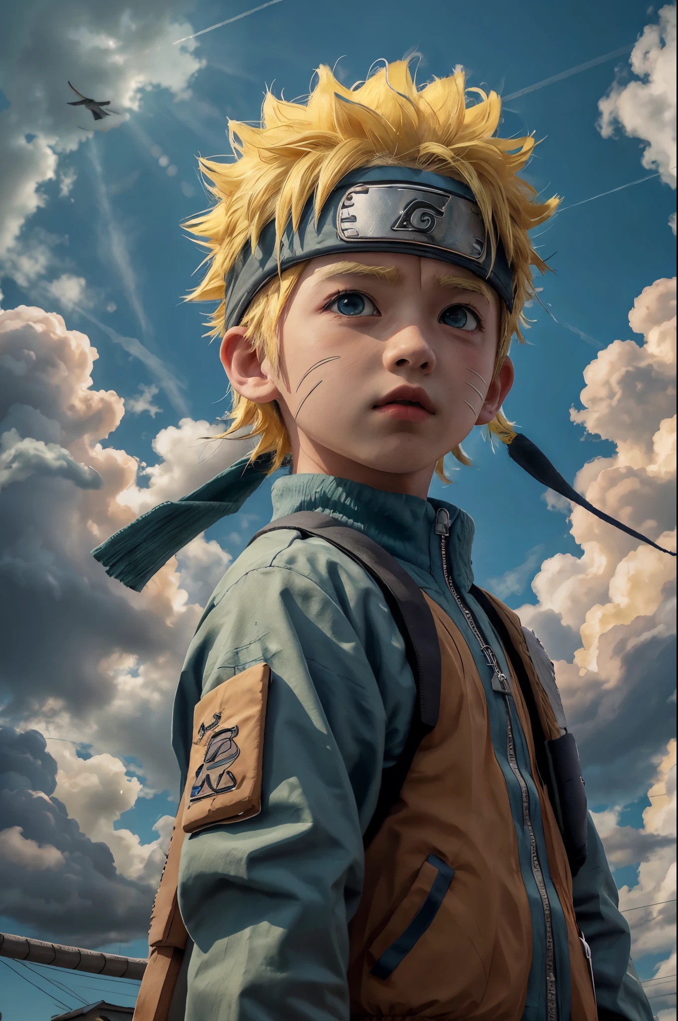 chibinaruto, 1boy, blonde hair, male focus, solo, sky, green eyes, cloud, day, whisker markings, bird, blue sky, male , jacket, outdoors, upper body, cloudy sky