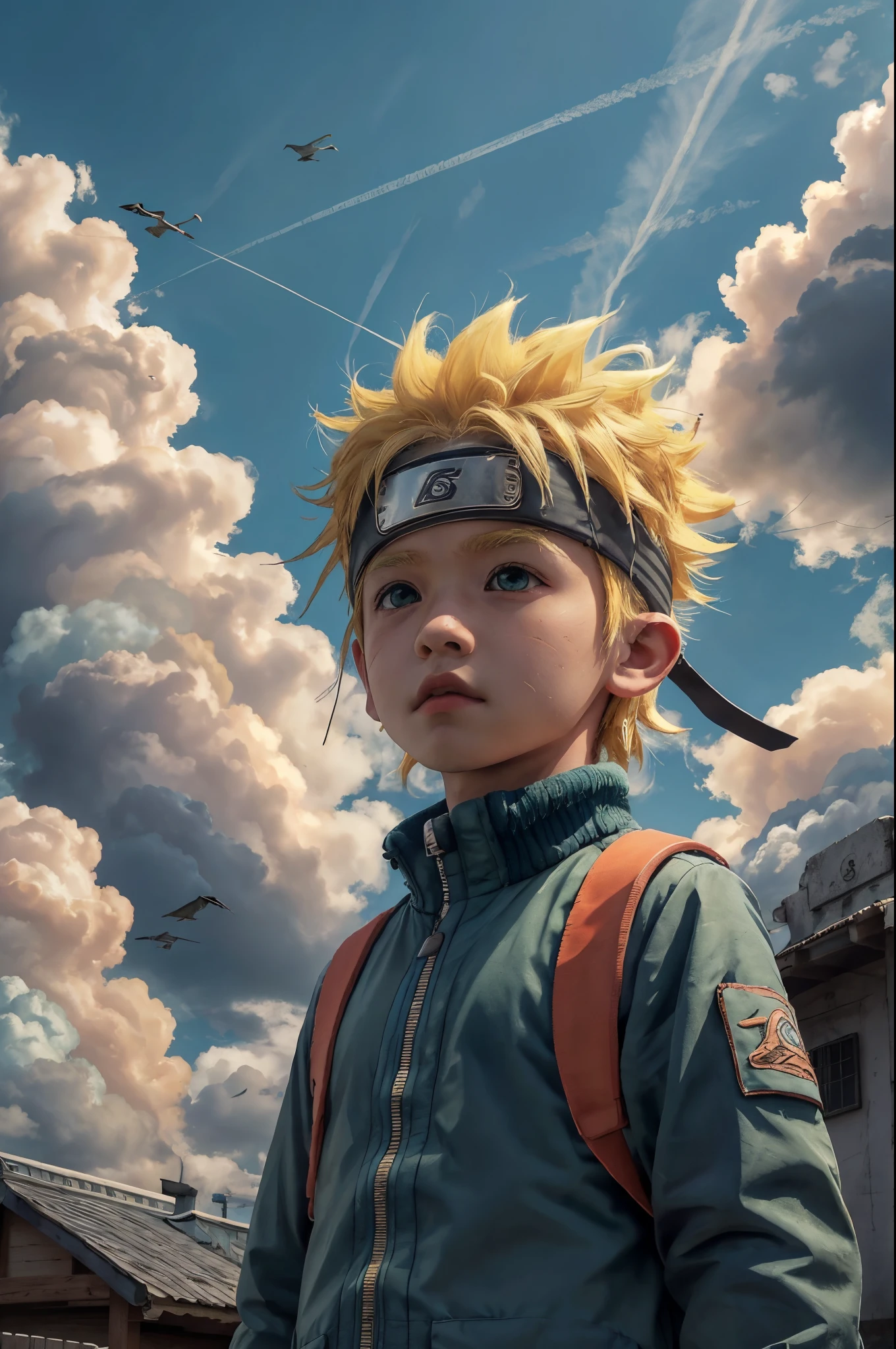 chibinaruto, 1boy, blonde hair, male focus, solo, sky, green eyes, cloud, day, whisker markings, bird, blue sky, male child, jacket, outdoors, upper body, cloudy sky