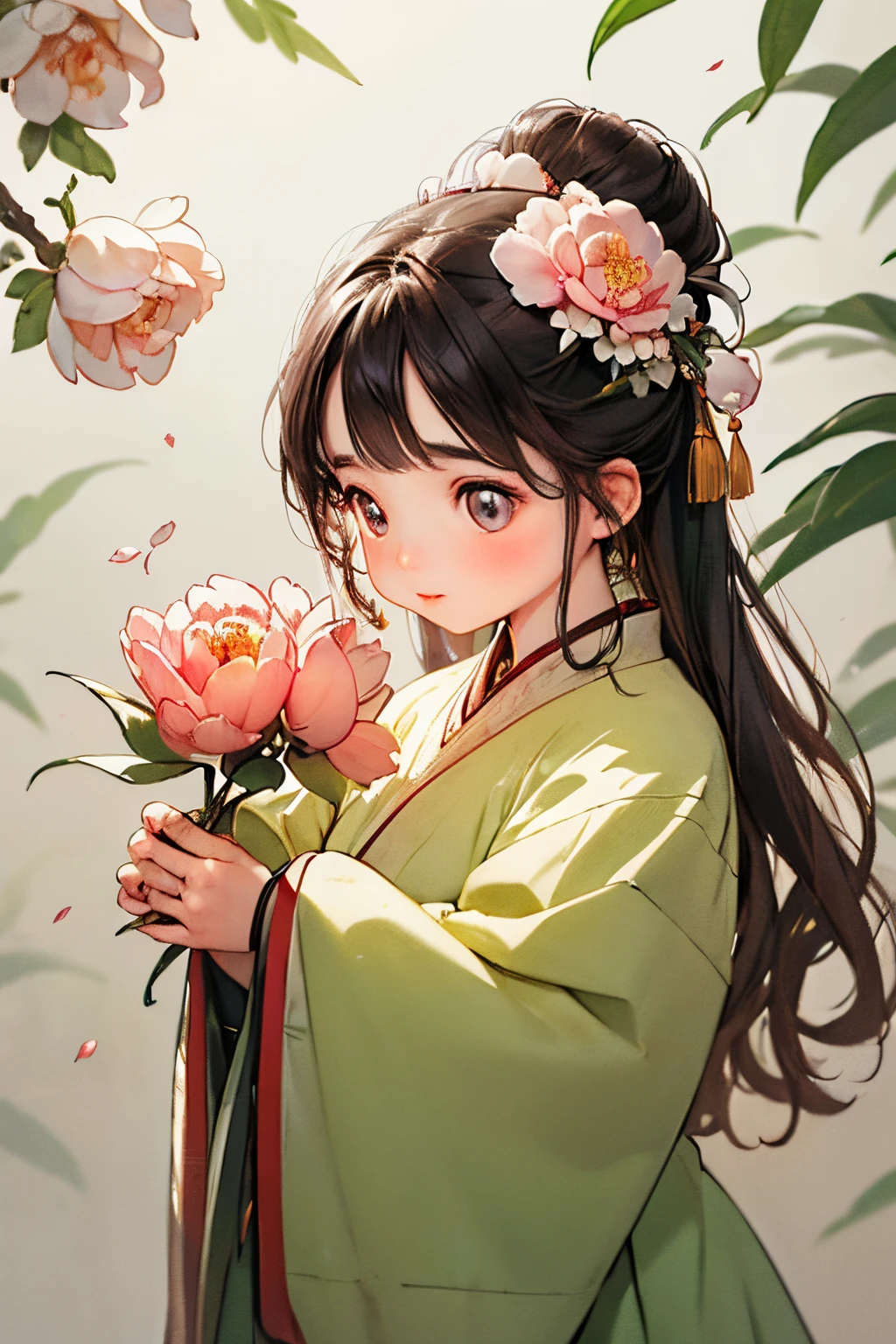 (Best quality at best,actual,Photorealistic:1.37), vibrant lights, beautiful apricot blossom, Highly detailed lips and eyes, The faint fragrance of flowers surrounds the lonely figure, plant femininity,peony flower