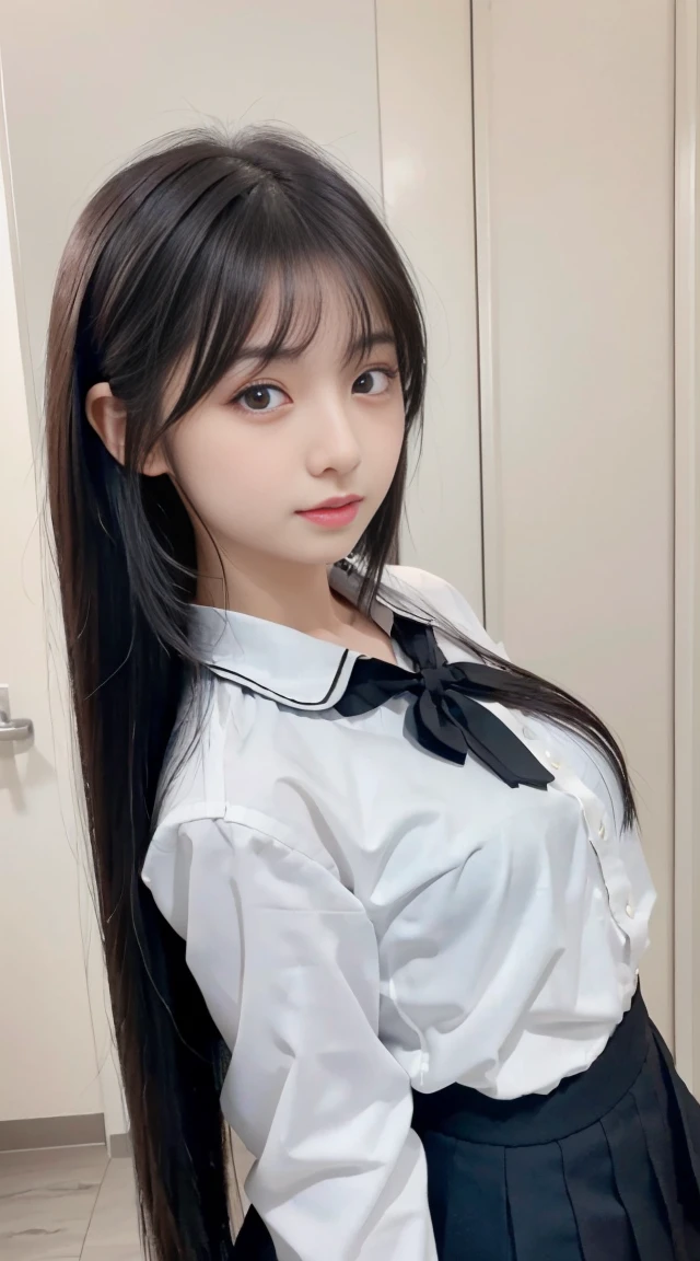 Master quality, highest quality, best picture quality, exaggerated details, a cute 8 year old asian with a shy expression, slightly squinted eyes, adjusting her hair, long eyelashes (long hair / very, very exaggerated big breasts / in uniform) outdoors, posing in front of the camera, wet body lace petticoat