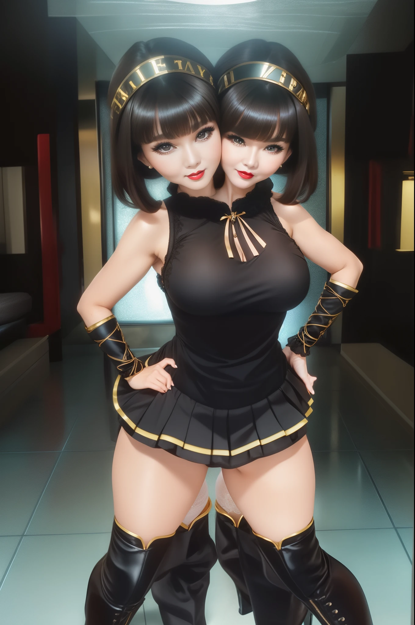 2 heads,Photo of a 50-year-old woman with brown hair, a captivating gaze, Brown eyes, Wrinkles on her face, Black pantyhose,Black High Heel Boots,She wears very sexy lingerie underwear、、Revealing her large sagging breasts, Light makeup and red lips. 32K