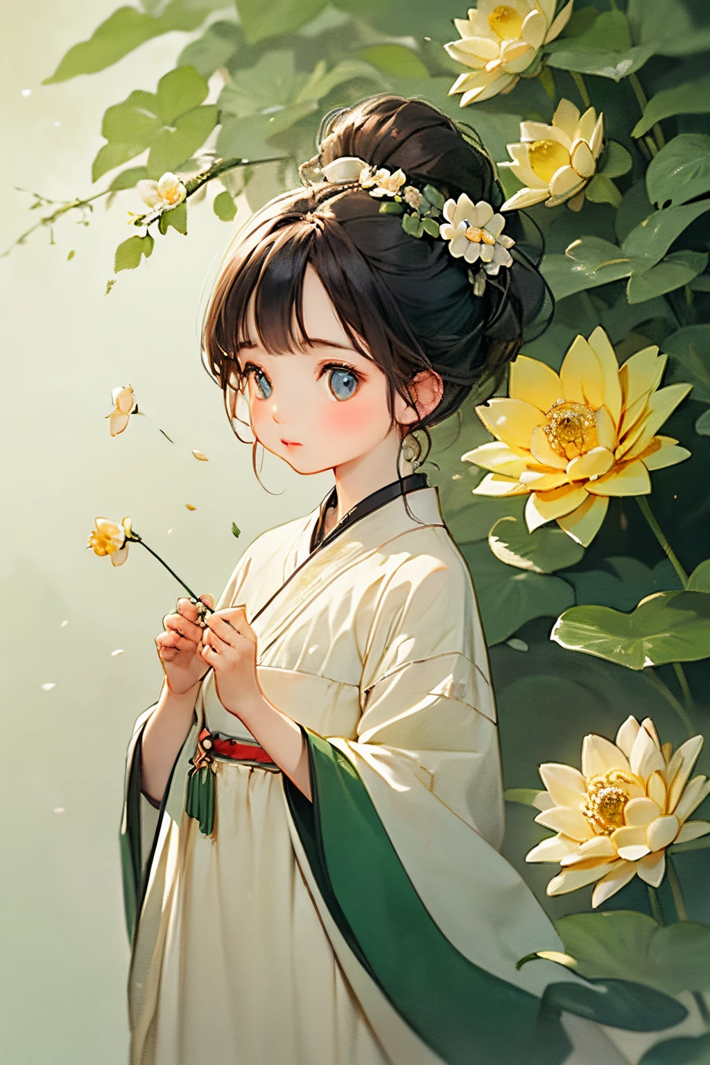 (Best quality,actual,realisticlying:1.37), vibrant lights, beautiful apricot blossom, Highly detailed lips and eyes, The faint fragrance of flowers surrounds the lonely figure, plant femininity,lotuses