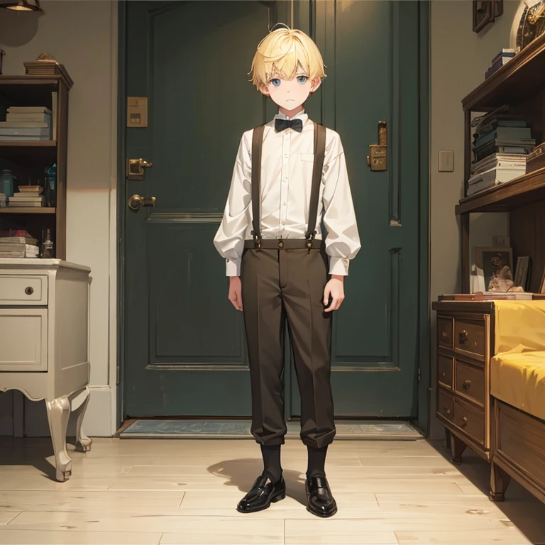 Blonde, male, boy, alone, small child, very short cut, suspenders, aristocrat, cute, cool, no background, standing full length,