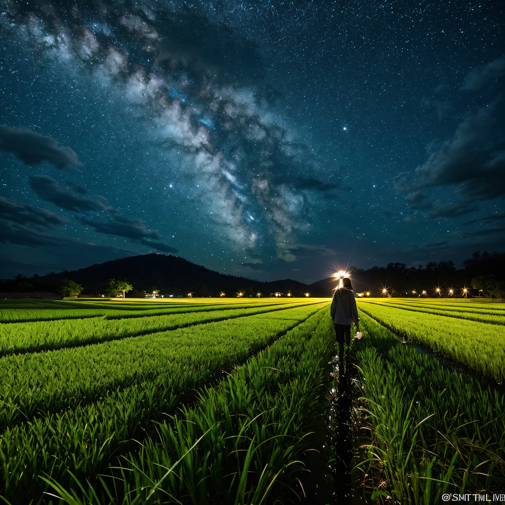 mid night、milkyway、great、The starry sky moving over the rice fields
