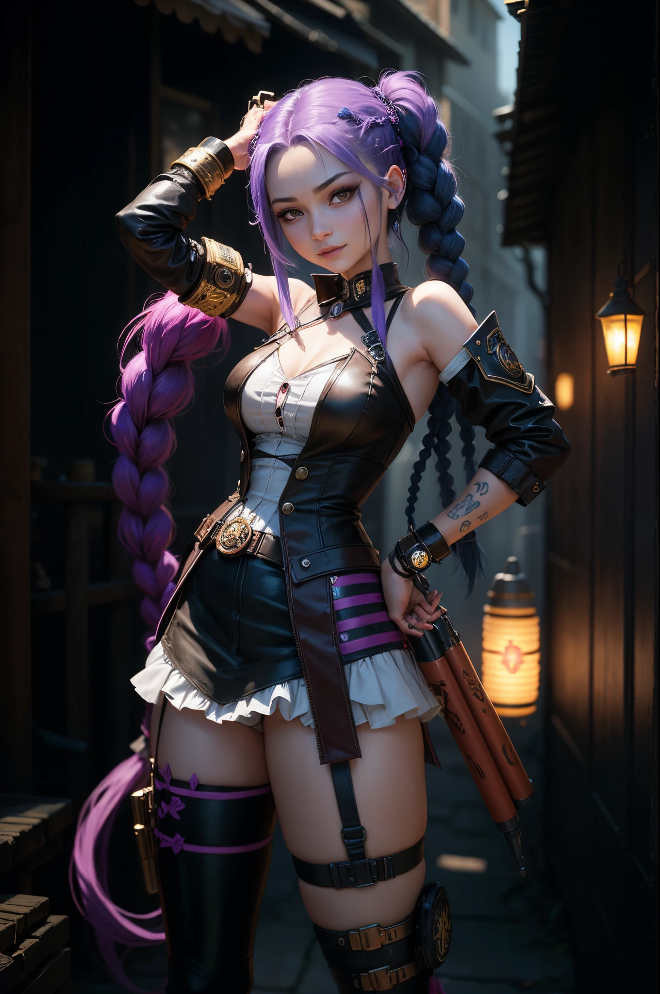 Jinx , beautiful detailed face, Beautiful petite girl long braided hair, minidress, ((elegant clothes)), ultra real and detailed, concept art, intricate details, highly detailed, photorealistic, octane render, 8 k, unreal engine. art by Nick alm and Greg Rutkowski, thighs, legs, tired