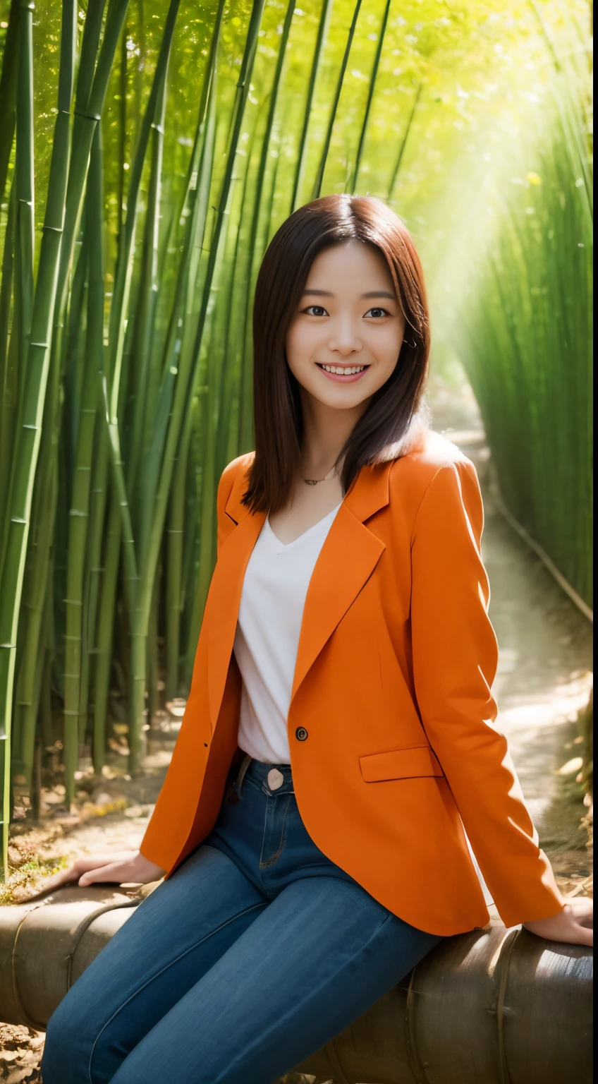On a vibrant autumn afternoon，Figure 1 is from the highest quality 8K masterpiece.3，Shows a 19 year old girl。She is wearing an orange blazer and skinny jeans，Sitting quietly in the bamboo forest。Sunlight shines through mottled bamboo leaves，A layer of soft light and shadow enveloped her body。Her skin looks fairer in the sun，Contrast with orange blazer。 From this point of view，we can see the girl&#39;of the whole body。She is slim and healthy，This sportswear suits her figure very well，show her energetic image。Her legs spread naturally，Cross your hands at your waist，appear confident and powerful。 That girl&#39;The eyes are bright and determined，smiling and looking into the camera，It seems to be telling a story about struggle and hard work.。Her smile is like the autumn sunshine shining in the bamboo forest，Make people feel the vitality of youth and vitality of life。in this picture，We seem to feel her inner determination and love for life。 Surrounded by dense bamboo forest，Abundant greenery，The river is gurgling，Create dynamic scenes with girls。This scene is like a passionate poem，Telling about the beautiful time in autumn afternoon。