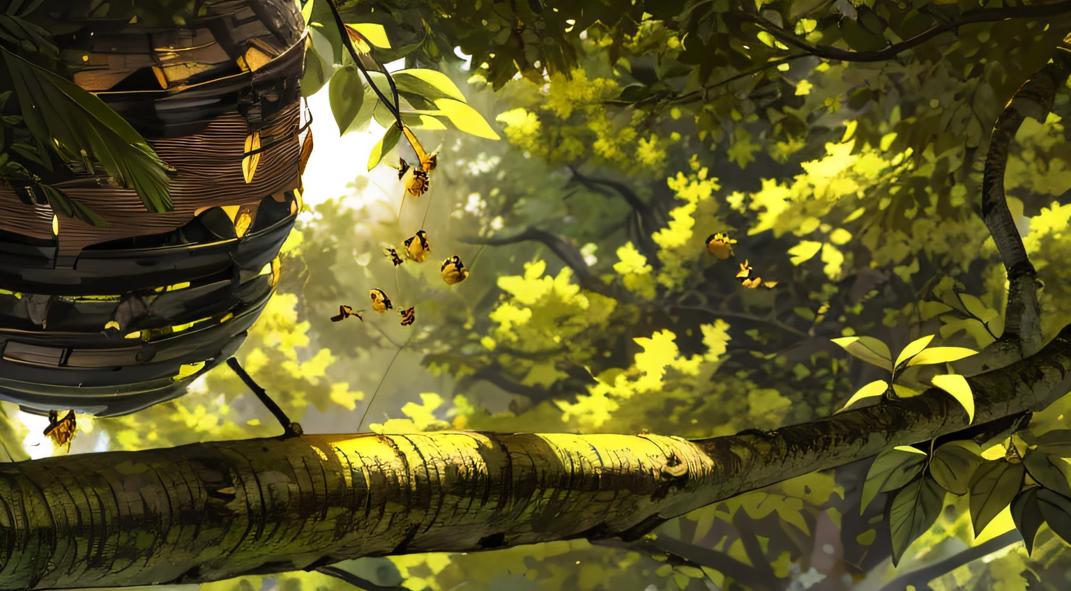 a beehive over hanging a tree branch, highly detailed, perfectly shaded vegetation and illustration