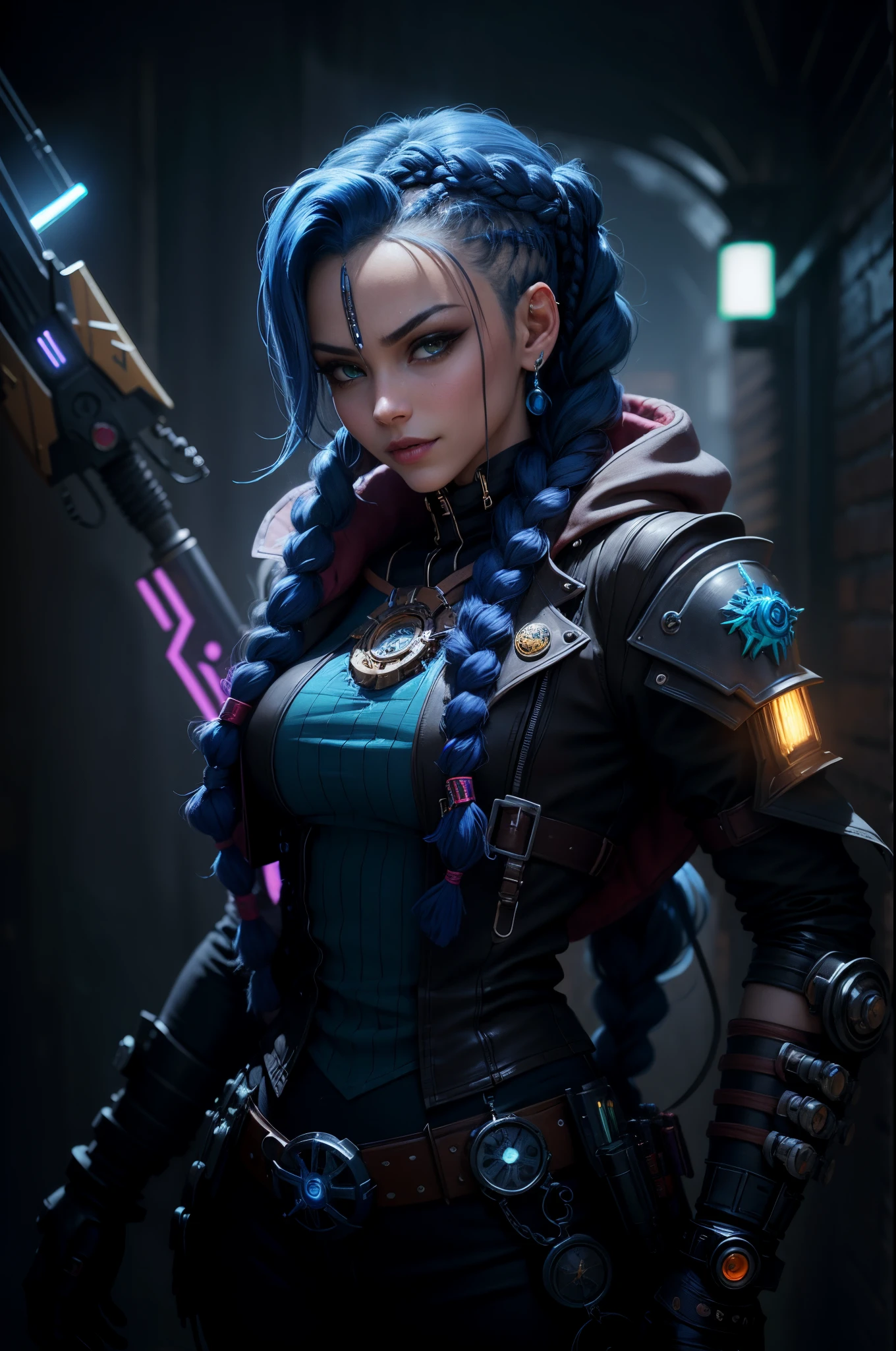 Jinx, Arcano, Jinx de League of Legends, long neon blue hair in braids, Seios grandes perfeitos, perfect hands, Double hair braids, braided hair, Minipistola, light juxtaposition& Sombra, Moody, intenso, feroz, Cinematic lighting, luz de raking, longas sombras luminosas, alta qualidade, smiling as he holds a shark-shaped rocket launcher, rosto estilo anime, Corpo Perfeito, Steampunk clockpunk --ar 6:9 --s 1000 --c 12 --q 2 --v 5.2