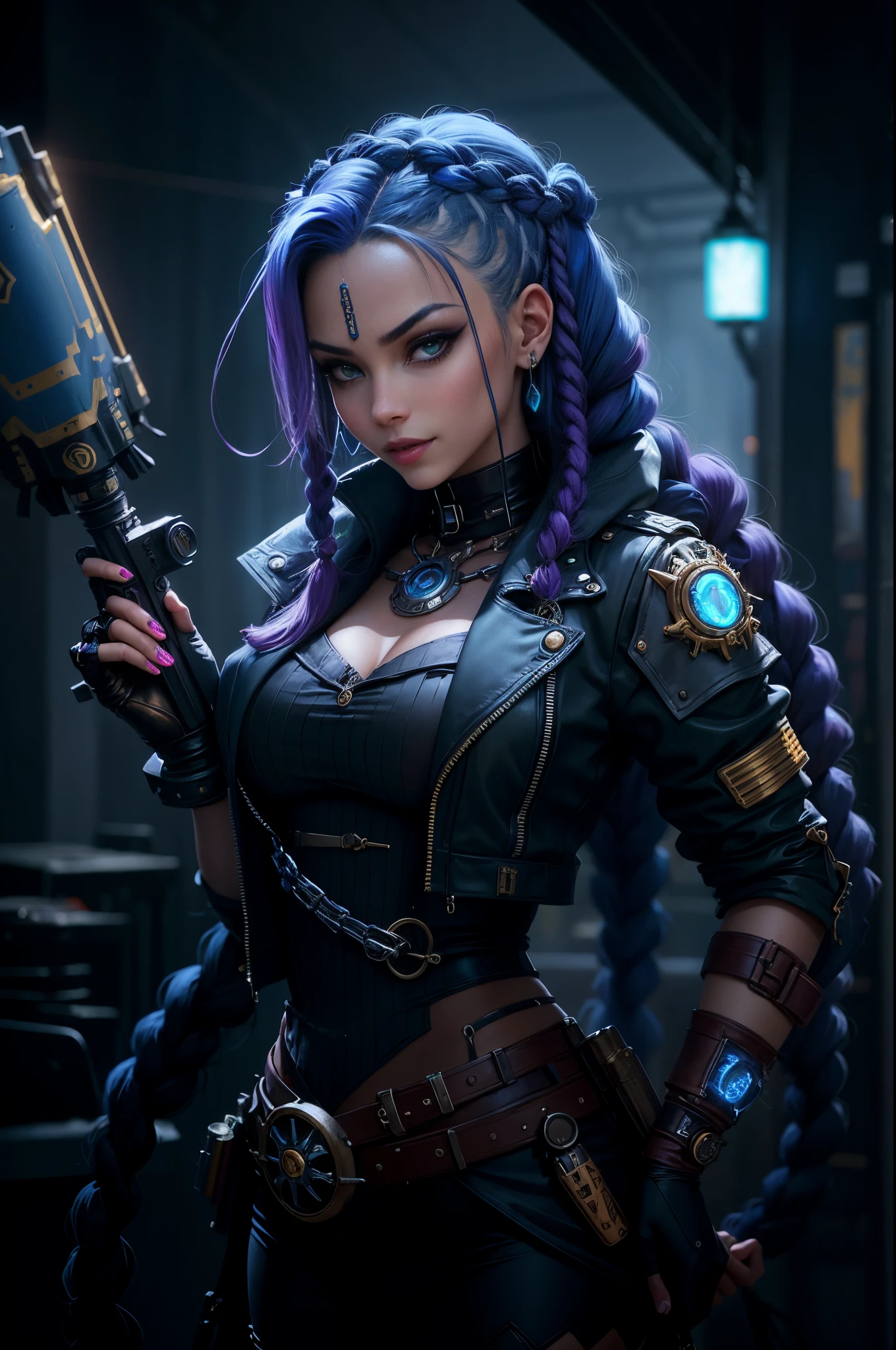 Jinx, Arcano, Jinx de League of Legends, long blue hair in braids, Double hair braids, braided hair, Minipistola, light juxtaposition& Sombra, Moody, intenso, feroz, Cinematic lighting, luz de raking, longas sombras luminosas, alta qualidade, smiling as he holds a artillery-shaped rocket launcher, rosto estilo anime, Corpo Perfeito, Steampunk clockpunk