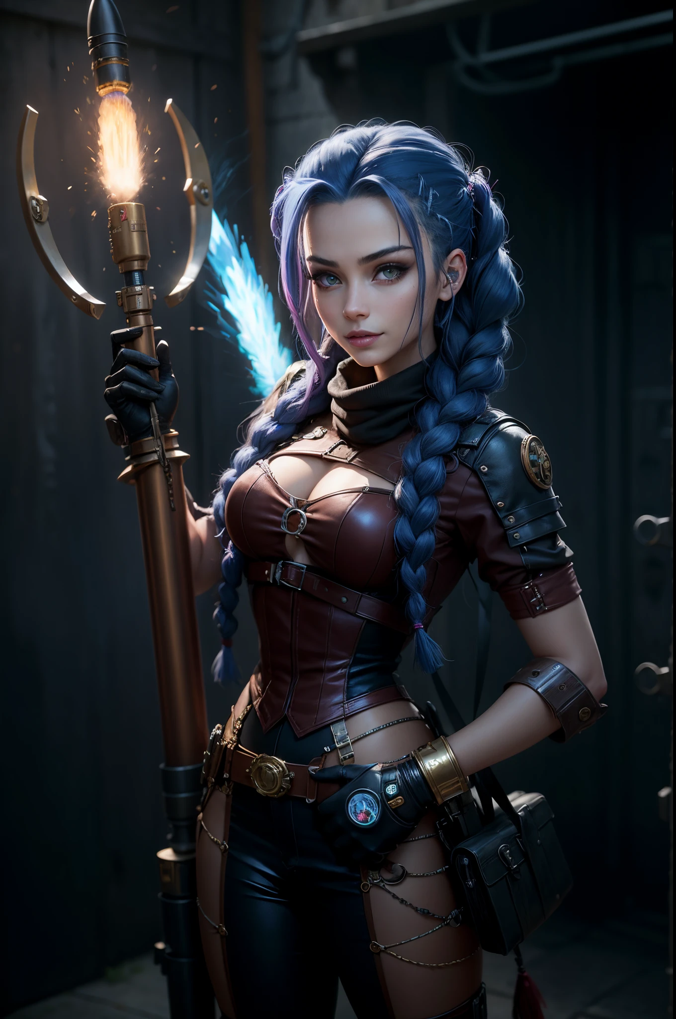 Jinx, Arcano, Jinx de League of Legends, long blue hair in braids, Double hair braids, braided hair, Minipistola, light juxtaposition& Sombra, Moody, intenso, feroz, Cinematic lighting, luz de raking, longas sombras luminosas, alta qualidade, smiling as he holds a artillery-shaped rocket launcher, rosto estilo anime, Corpo Perfeito, Steampunk clockpunk