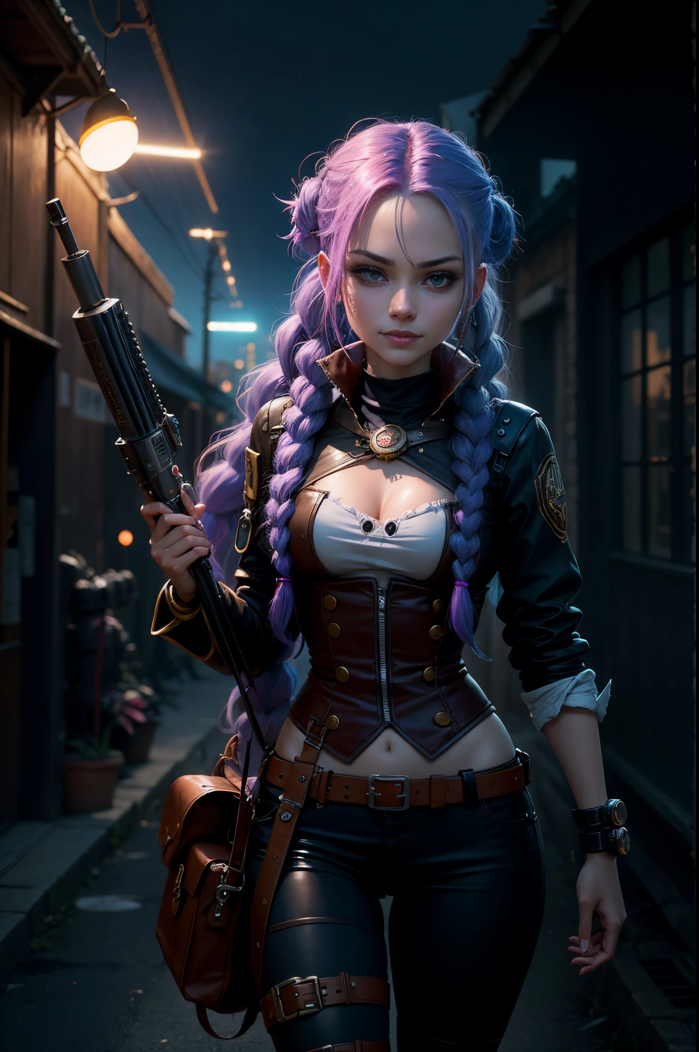 Jinx, Arcano, Jinx de League of Legends, long blue hair in braids, Double hair braids, braided hair, Minipistola, light juxtaposition& Sombra, Moody, intenso, feroz, Cinematic lighting, luz de raking, longas sombras luminosas, alta qualidade, smiling as he holds a artillery-shaped rocket launcher, rosto estilo anime, Corpo Perfeito, Steampunk clockpunk