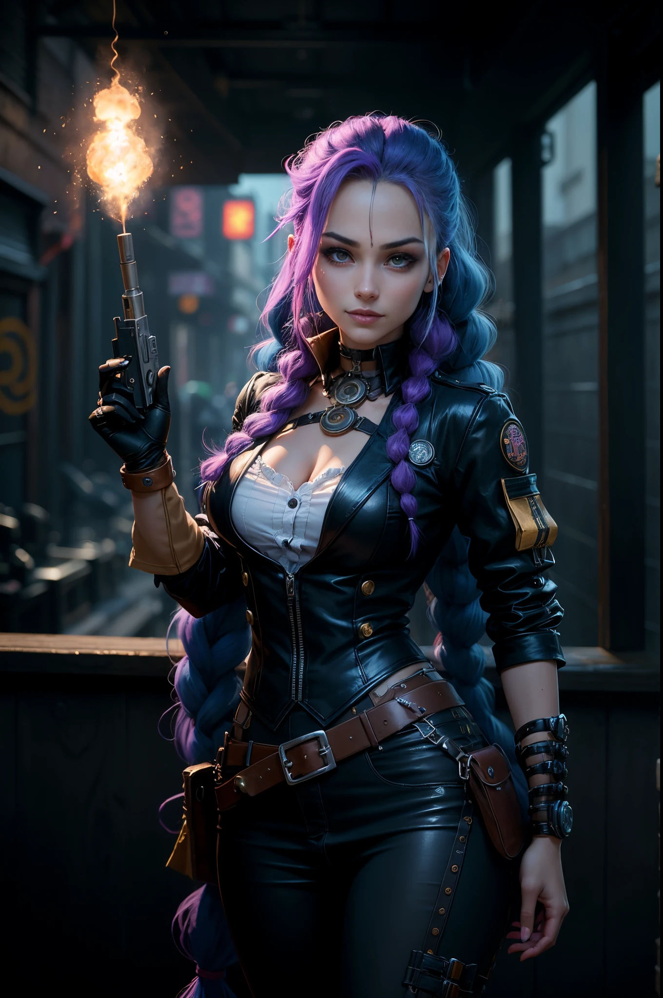 Jinx, Arcano, Jinx de League of Legends, long blue hair in braids, Double hair braids, braided hair, Minipistola, light juxtaposition& Sombra, Moody, intenso, feroz, Cinematic lighting, luz de raking, longas sombras luminosas, alta qualidade, smiling as he holds a artillery-shaped rocket launcher, rosto estilo anime, Corpo Perfeito, Steampunk clockpunk