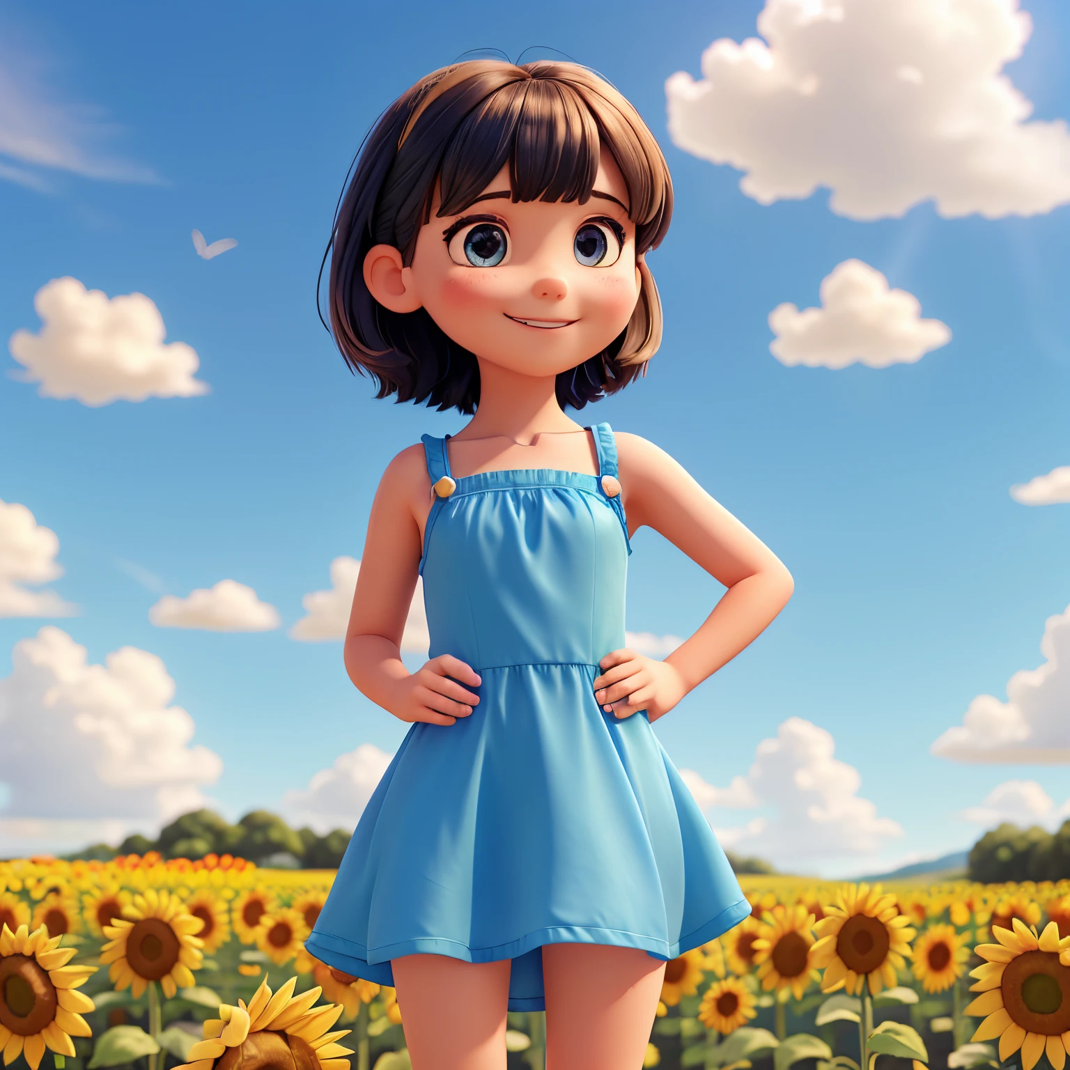 a girl wearing a blue mini dress . hair short shoulder length, with see-through bangs. Standing in the middle of a field of sunflowers, holding up two fingers, smiling. have Beautiful sky, clouds and rainbows.