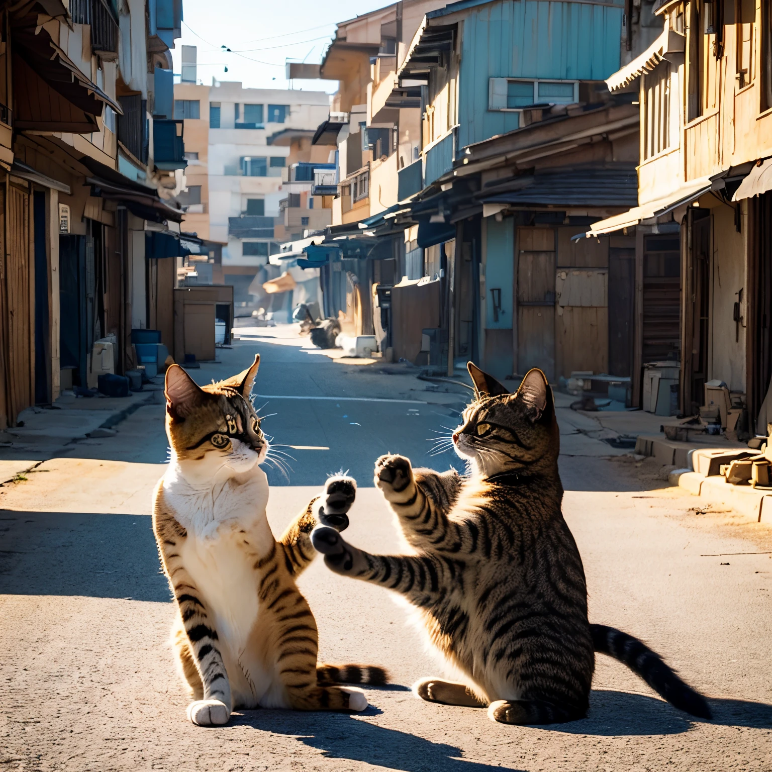 A deserted street in the morning、two cats are fighting、Exchanging attacks in the air、Powerful composition