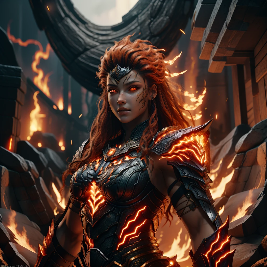 RAW photogr, (highdetailskin, 詳細な目:1.1), Complicated details, Best quality at best, 8k ultra high definition, gentlesoftlighting, fire giant, 1个Giant Breast Girl, armour, redheadwear, chest plate, colored skin, flaming eye, Full A, glowing light eyes, Molten rock, orange color hair
