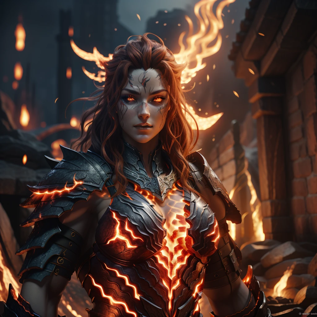 RAW photogr, (highdetailskin, 詳細な目:1.1), Complicated details, Best quality at best, 8k ultra high definition, gentlesoftlighting, fire giant, 1个Giant Breast Girl, armour, redheadwear, chest plate, colored skin, flaming eye, Full A, glowing light eyes, Molten rock, orange color hair