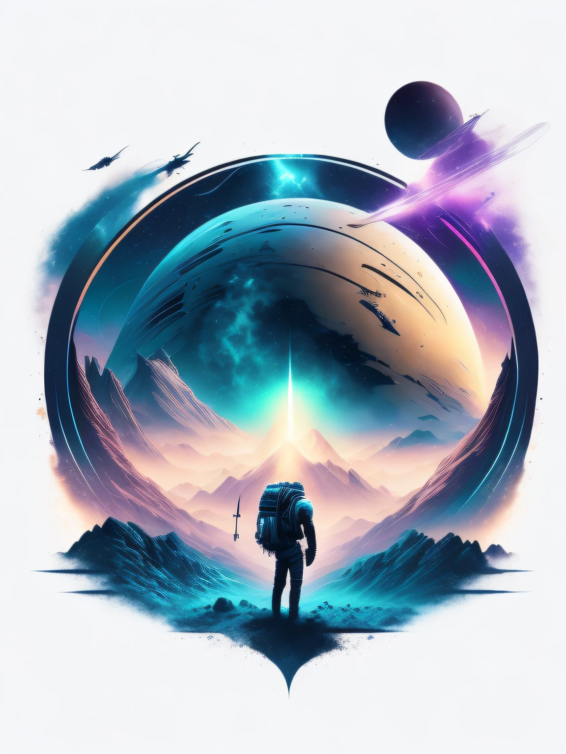 aliens, naves extraterrestres, galaxy, fundo branco, design de camiseta, rzminjourney, arte vetorial