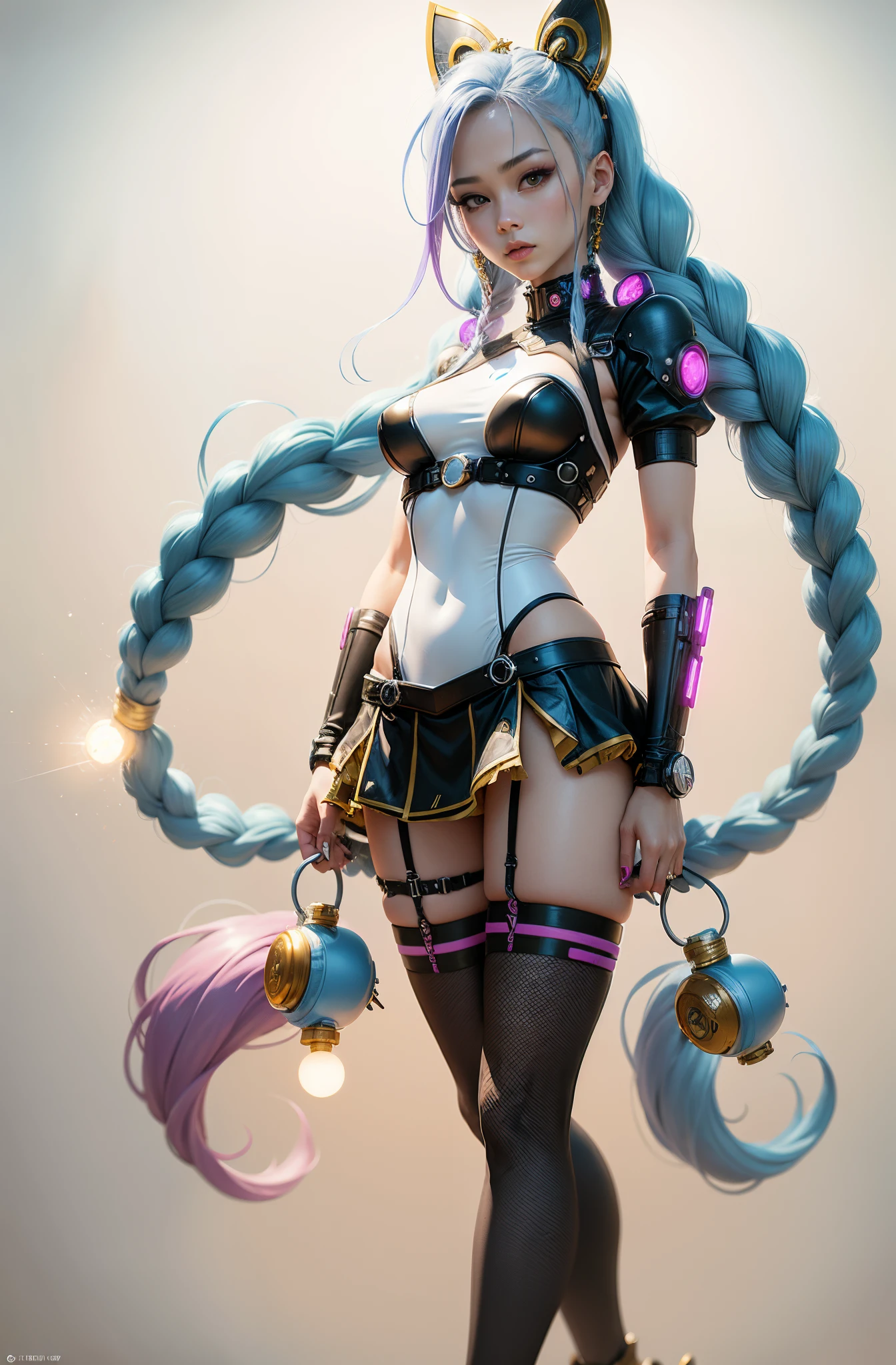Jinx, Arcano, Jinx de League of Legends, long blue hair in braids, Double hair braids, braided hair, Minipistola，head to toe，slimfigure、White network set、White plastic tights with thin clothes, Gold gloves、 ((mini-skirts)),Wearing pink tights under the skirt、 (Full body suit that does not expose skin), shiny thin clothes、White plastic ceramic full body suit、Combined armor，Luminous bullet clip，Luminous Nuclear Power Source