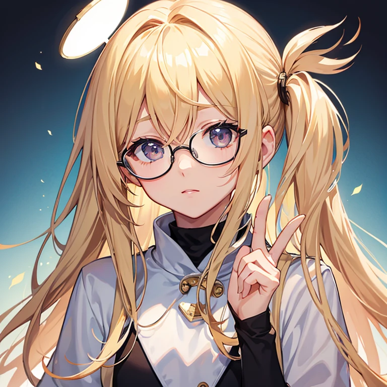 a blond、male people、one side of one's hair is behind one's ear、One eye is hidden by bangs、eye glasses、a cool、face perfect、twinks