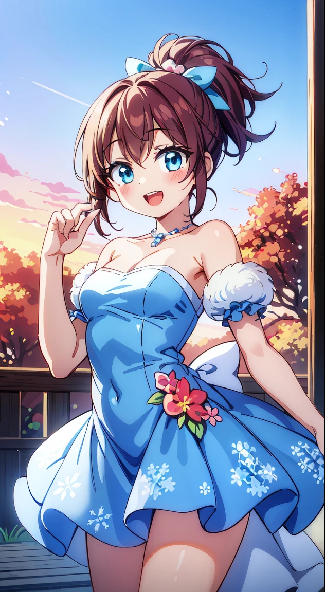 masterpiece,best quality,(Absurd realistic structure details),(High resolution complex and detailed text quality),(High resolution meticulous microstructure Hipoly3D rendering modification),geometric perspective,Careful description anatomy, BREAK, 1girl in, (Cute:1.5),(Chibi:0.5),(kawaii:2.0),(Lori:2.0),(7 girl),(Solo:1.65),BREAK, (flat chest:1.2,), Clear skin, Beautiful skin, Shy, One Beautiful Girl,Colossal tits(Hair Bow, reddish brown hair, High Ponytail,Large, Red Hair Ribbon:1.2), (Brown eyes, long eyelashes, Double eyelids: 1.2), Shiny skin, gleaming skin,Clear skin, Beautiful skin,( A smile:1.5), Solo,gleaming skin, Clear skin, Beautiful skin(best quality face),(Top quality glowing eyes), (The best smile,:D:1.45),
BREAK (White and light blue theme:1.5), ((elegant style, Gorgeous):1.2), ((Light blue princess dress with white fluffy fur, light blue hoop skirt):1.4), (Snowflake symbol print on dress:1.4), ((Strapless, Bare shoulders):1.3), (very precise embroidery:1.3), (fluffy fur:1.3), (necklace made of countless gemstones:1.2), (high-heels:1.1),
BREAK
(Red flower ornament:1.2),
BREAK, 鎖骨,Hair intake, Hand up, Navel, Parted lips, Solo, Stomach,architecture, Blue sky, (autumn forest:1.2), wooden building, Koyasanji Temple, balconies, Blue sky, crystal clear skies, Blurry background, longshot, Standing, Sunset, thighs thighs thighs thighs, \(Fate\), Twilight,Happy,Laugh,blush,Opened mouth,Beautiful sunset,Twilight,Backlighting,Waterfall,depth of fields,
